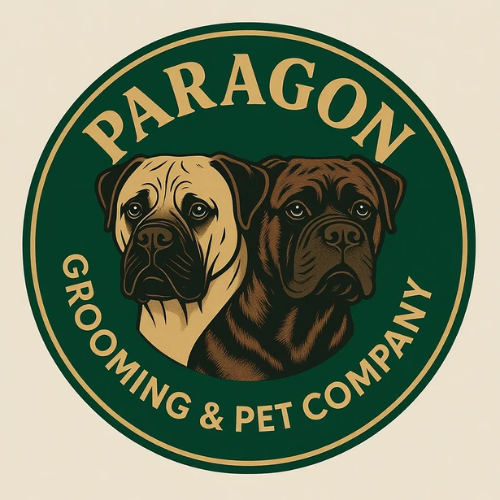 Logo for Paragon Grooming & Pet Co. featuring illustrations of a brindle and Fawn bullmastiff in a circular design.