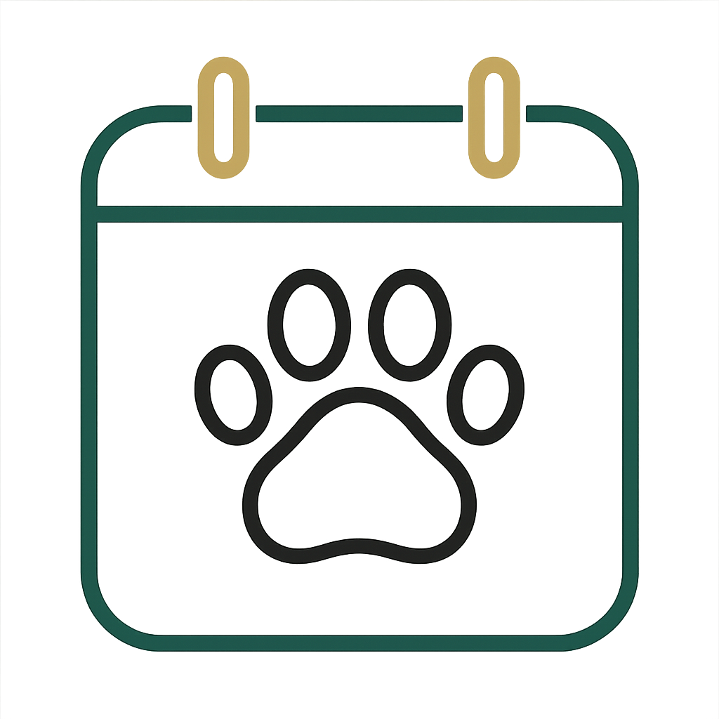 Digital graphic of a calendar with a paw print symbol inside, indicating a pet-related appointment or event.
