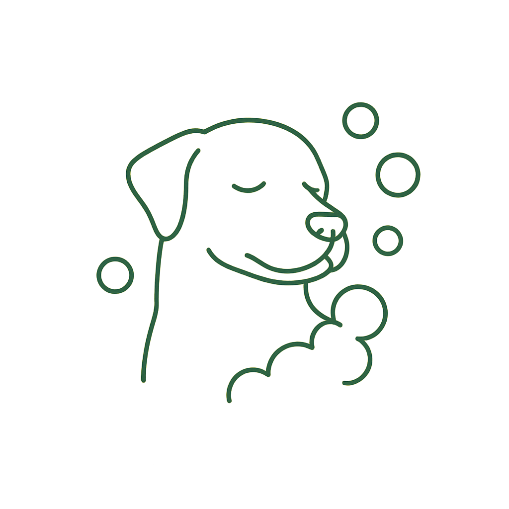 Line drawing of a dog with closed eyes, appearing to enjoy a bath or spa, surrounded by bubbles.