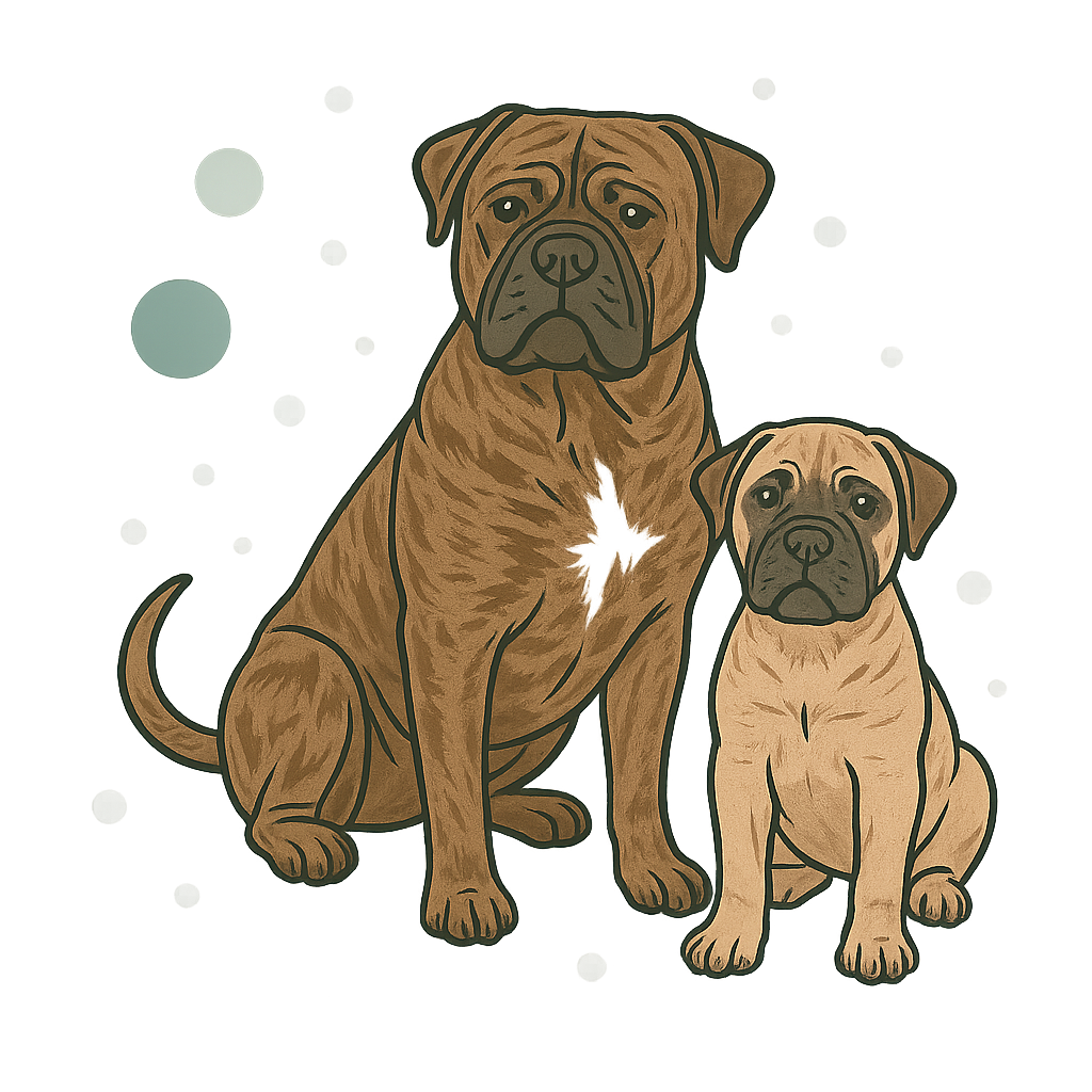 Illustration of a adult brindle bullmastiff, and Fawn bullmastiff puppy, both with droopy faces, sitting side by side against a blurred background.