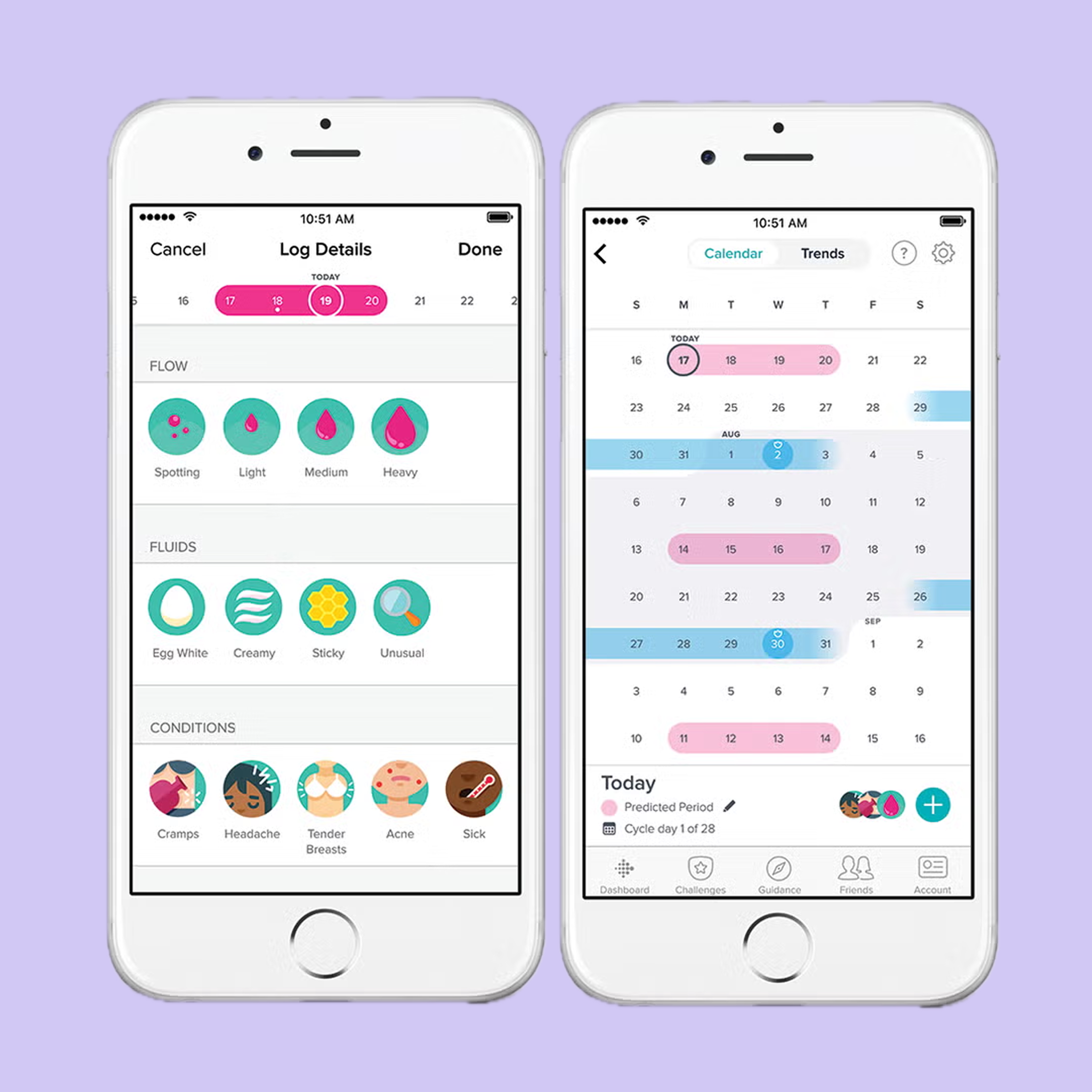 Two phones showing Fitbit female health trackingfeatures