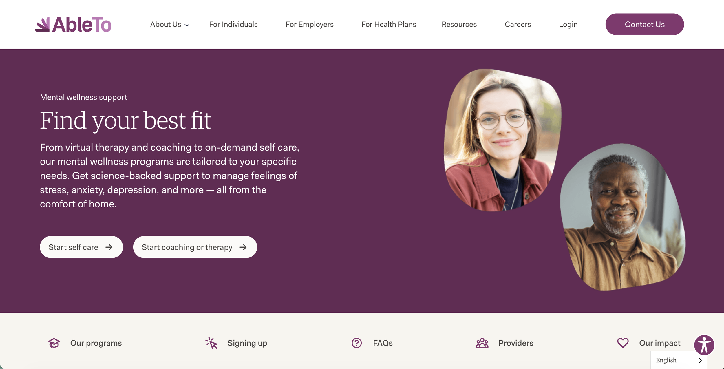 The top of a webpage on ableto.com with the headline, "Find your best fit"