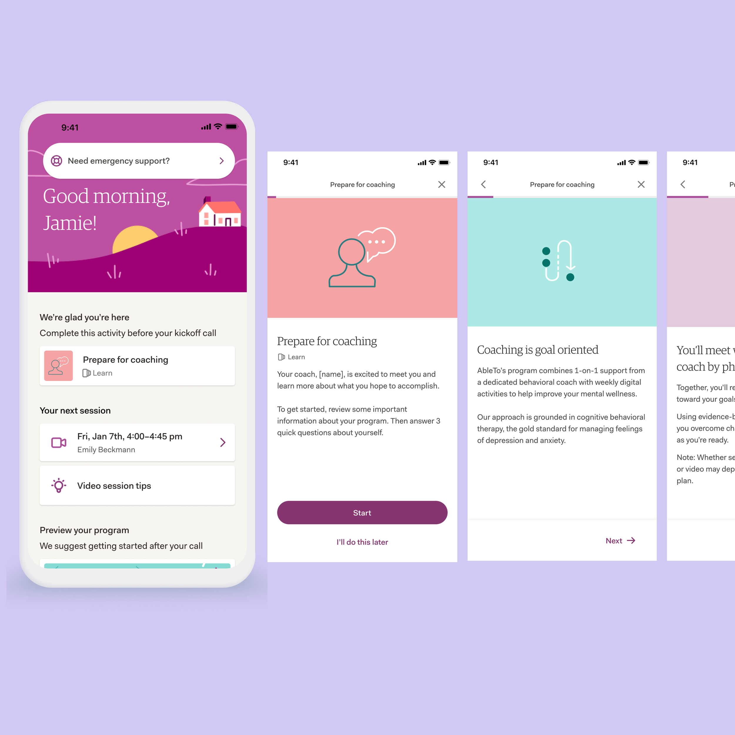 AbleTo Coaching+ onboarding screens