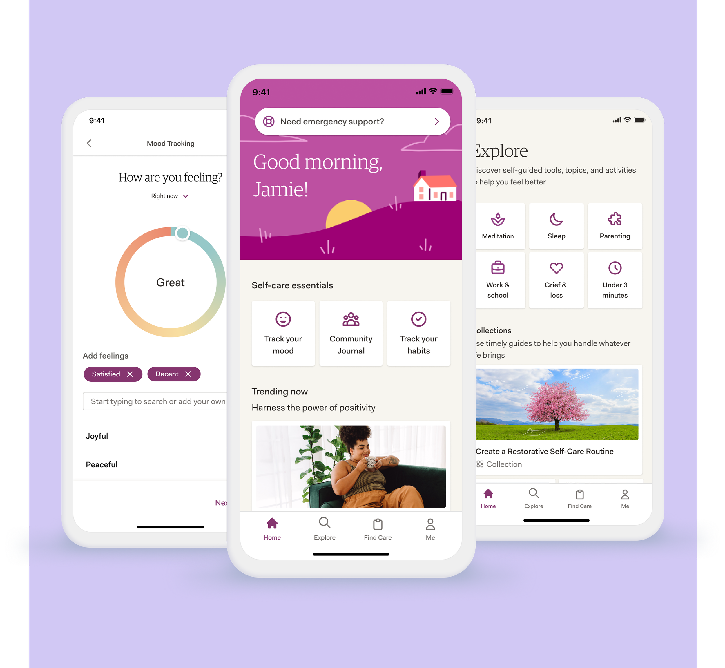 Three phone screens showing the AbleTo Self Care+ app