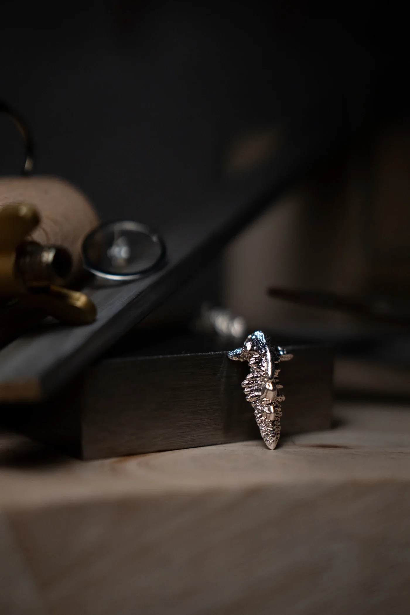 A jewelry piece resembling a seahorse or dragonfly, made of shiny metallic material, leaning against a wooden surface with a dark background.