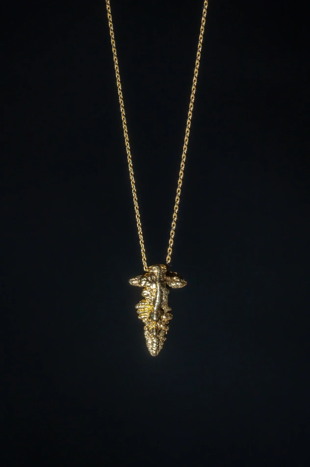 A gold necklace with a pendant in the shape of a bee or insect, hanging against a dark background.