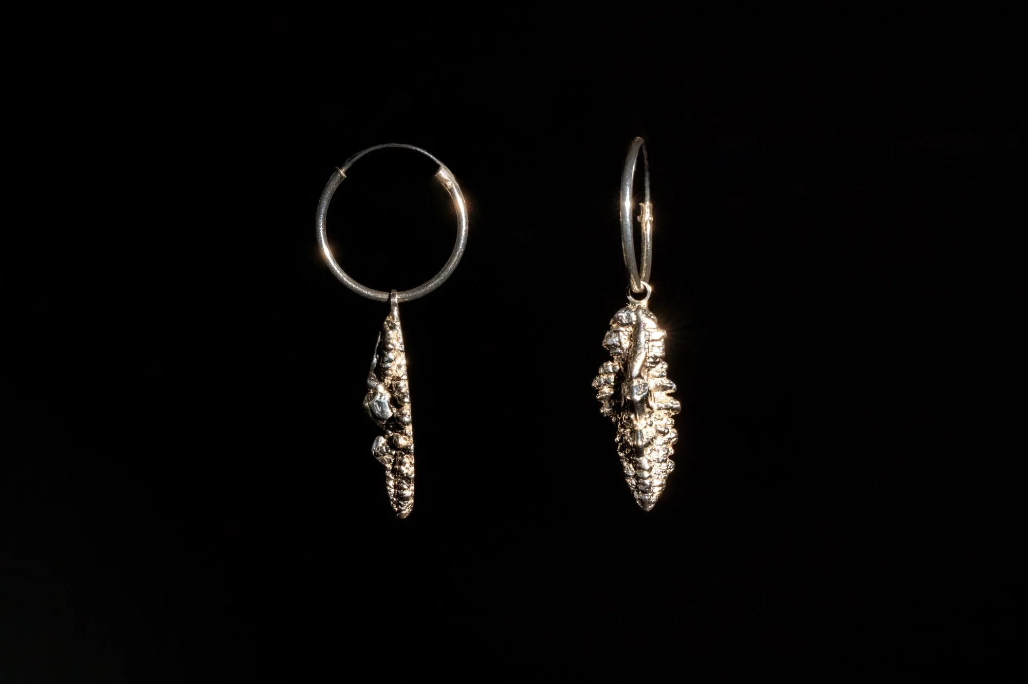 Pair of silver hoop earrings with elongated, textured, and sparkly pendants against a black background.