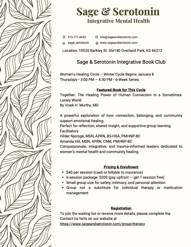 Flyer for Sage & Serotonin integrative mental health includes contact info, location, event details for Women's Healing Circle starting January 8, features featured books, pricing, and registration information.