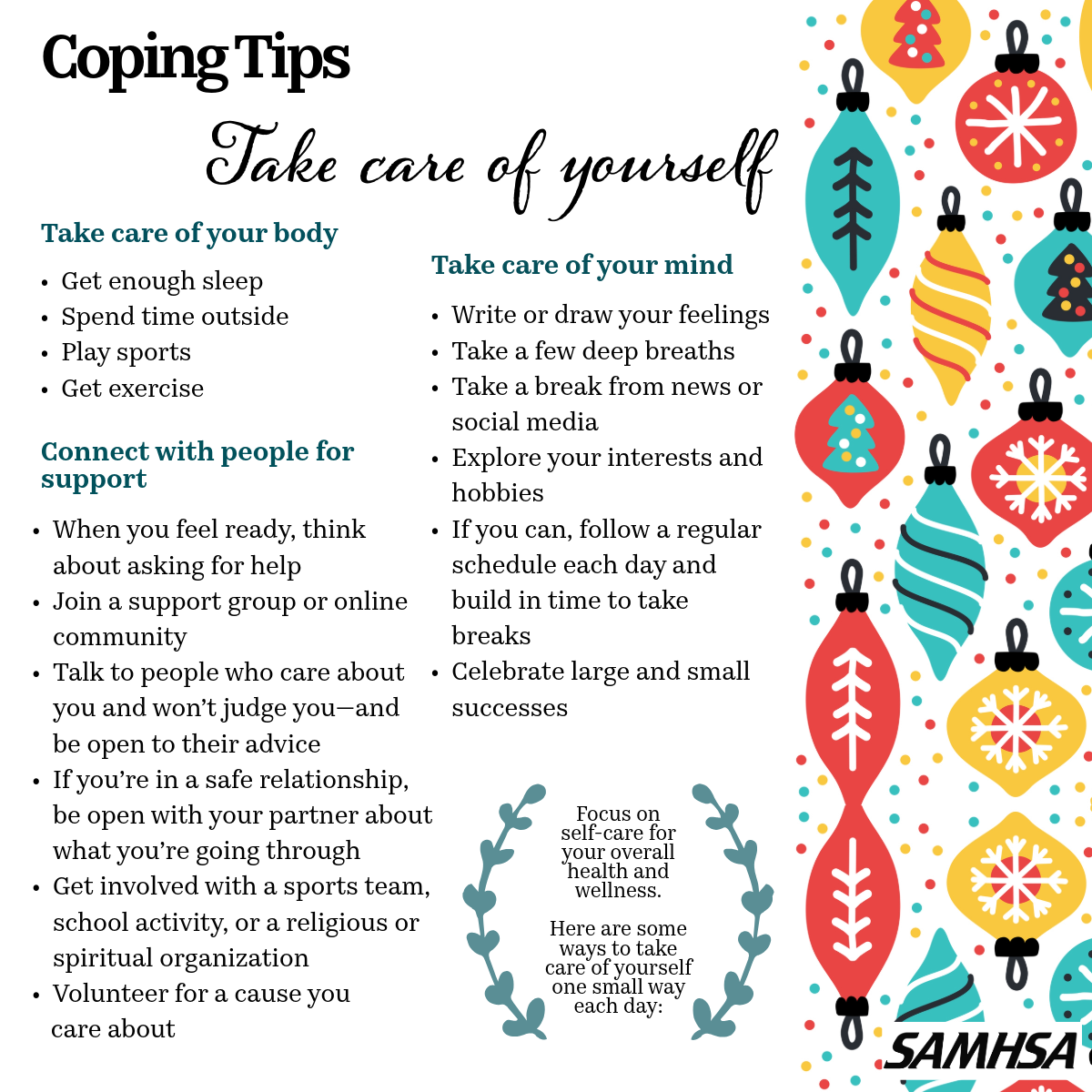 A holiday-themed infographic titled 'Coping Tips' with advice on taking care of yourself, your body, mind, and social support, decorated with colorful Christmas ornaments and festive decorations.