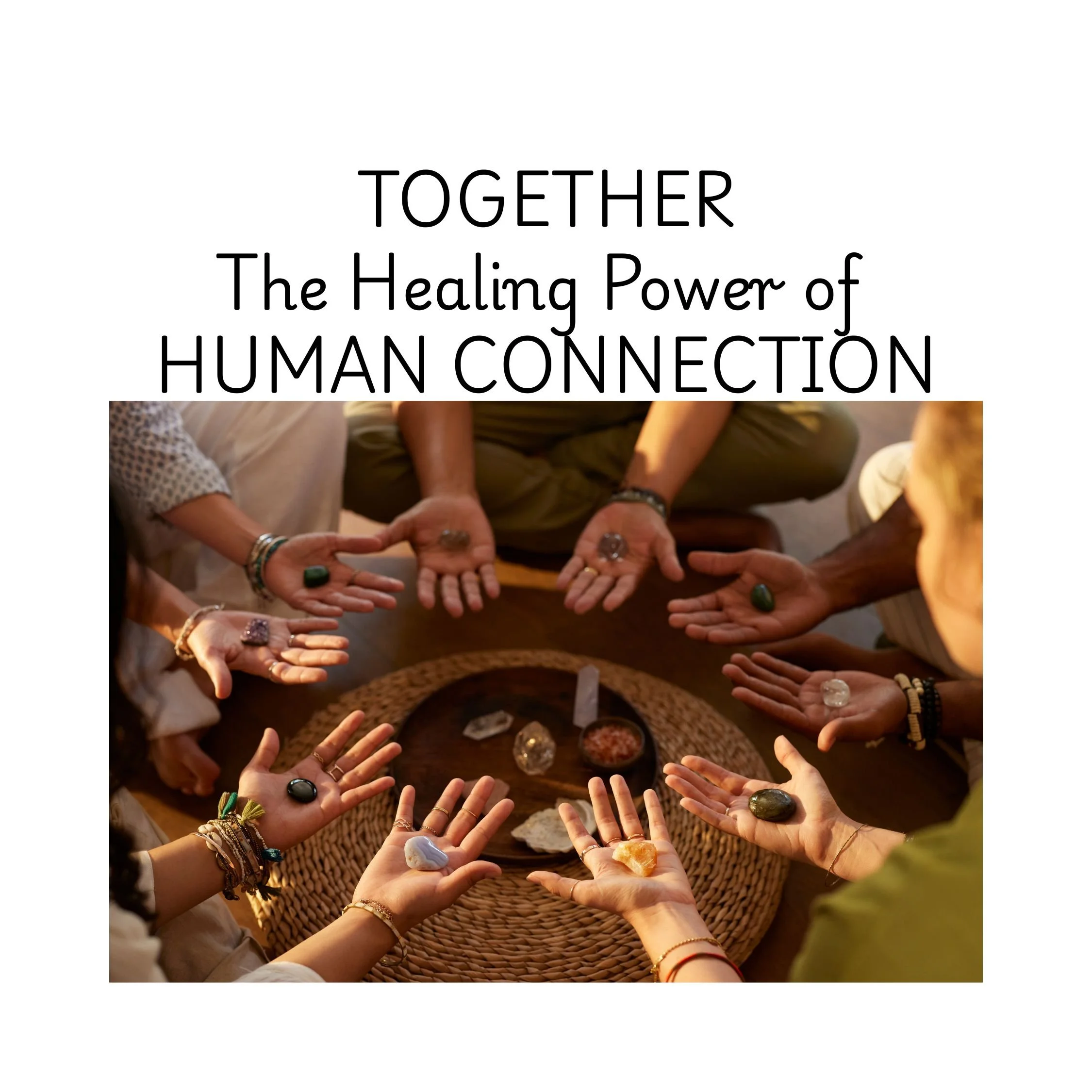 Group of people sitting in a circle, holding various stones and crystals in their hands, participating in a spiritual or healing ritual.