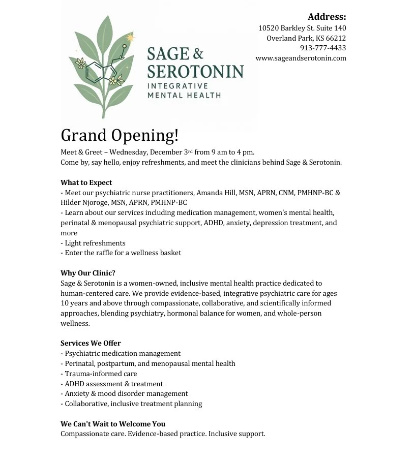 Flyer for Sage & Serotonin Integrated Mental Health announcing grand opening on December 3rd, including location, contact info, and service details.