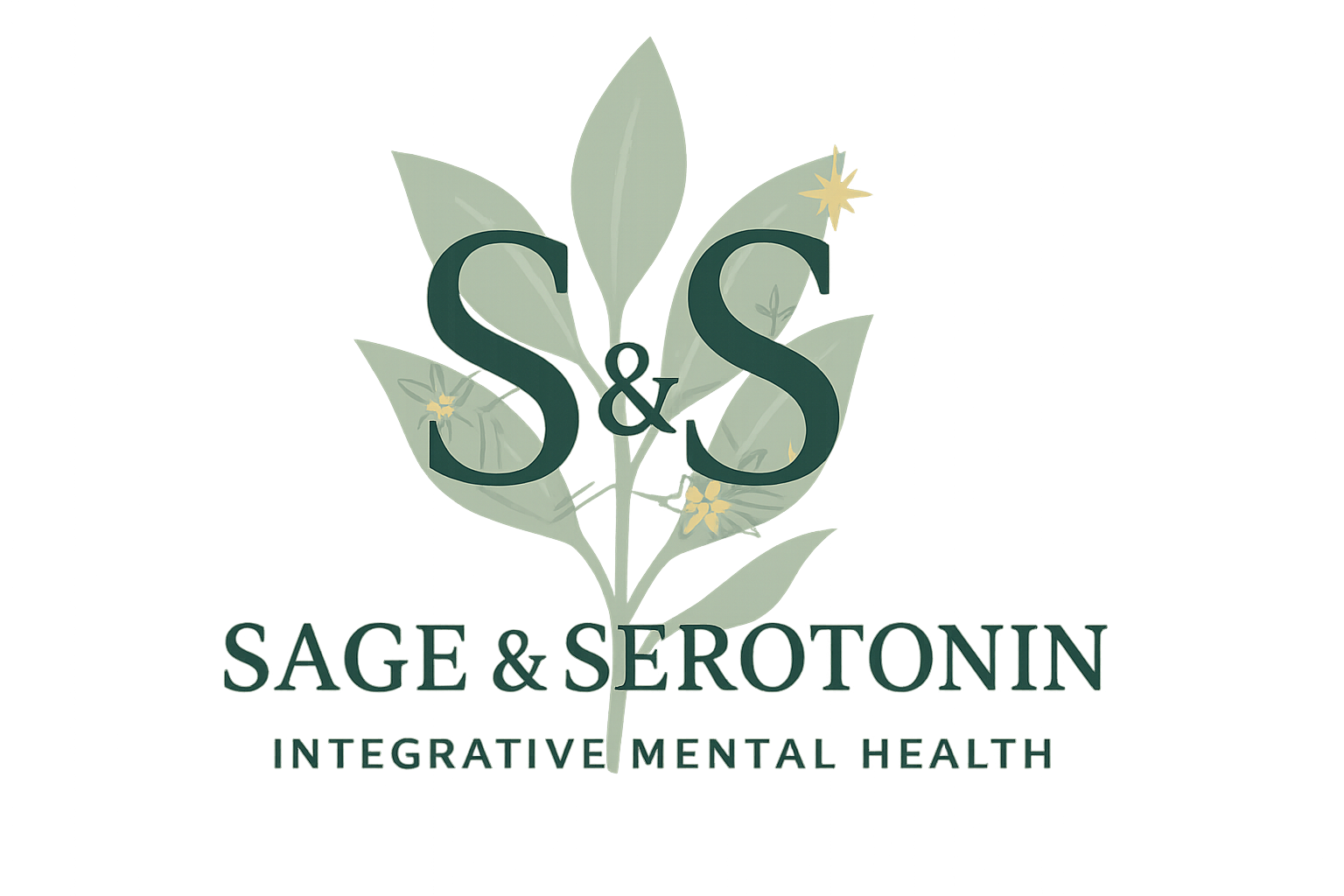 Logo for Sage & Serotonin, an integrative mental health practice, featuring a stylized sage plant with yellow flowers in the background.