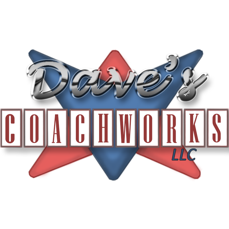 Logo for Dave's Coachworks LLC featuring a 3D text design with a star background.