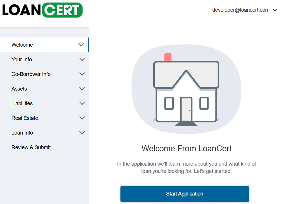 The LoanCert secure application welcome screen