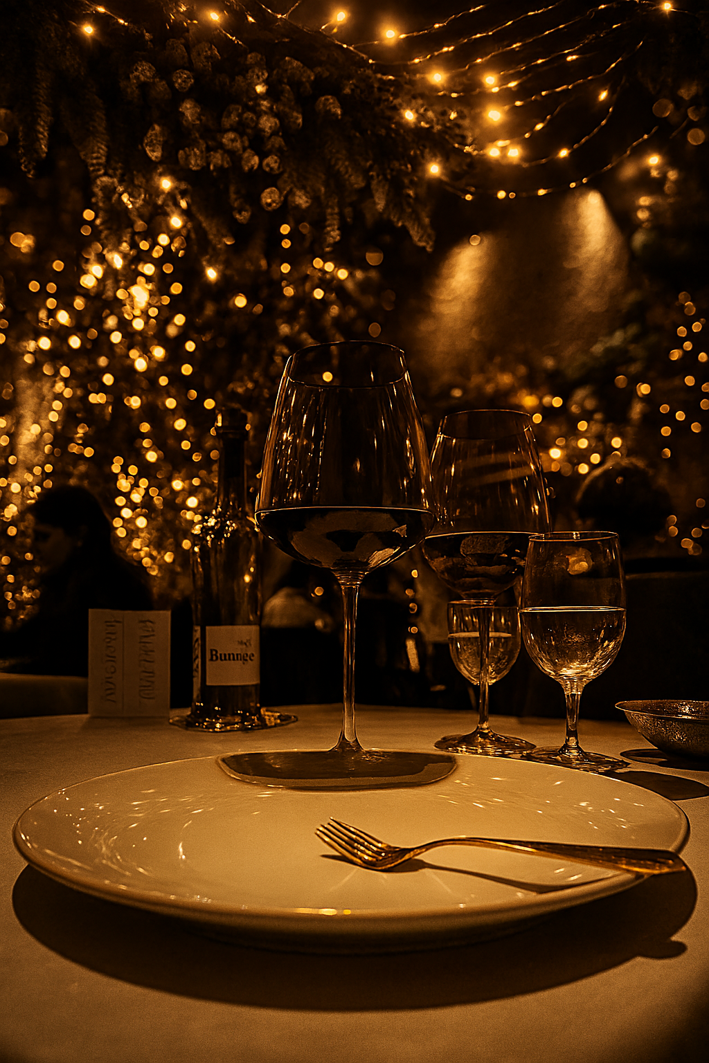 A table set for dining with a large wine glass, three smaller glasses, a fork on a white plate, and bottles in the background. Decorated with warm, golden string lights and foliage, creating a cozy, elegant ambiance.
