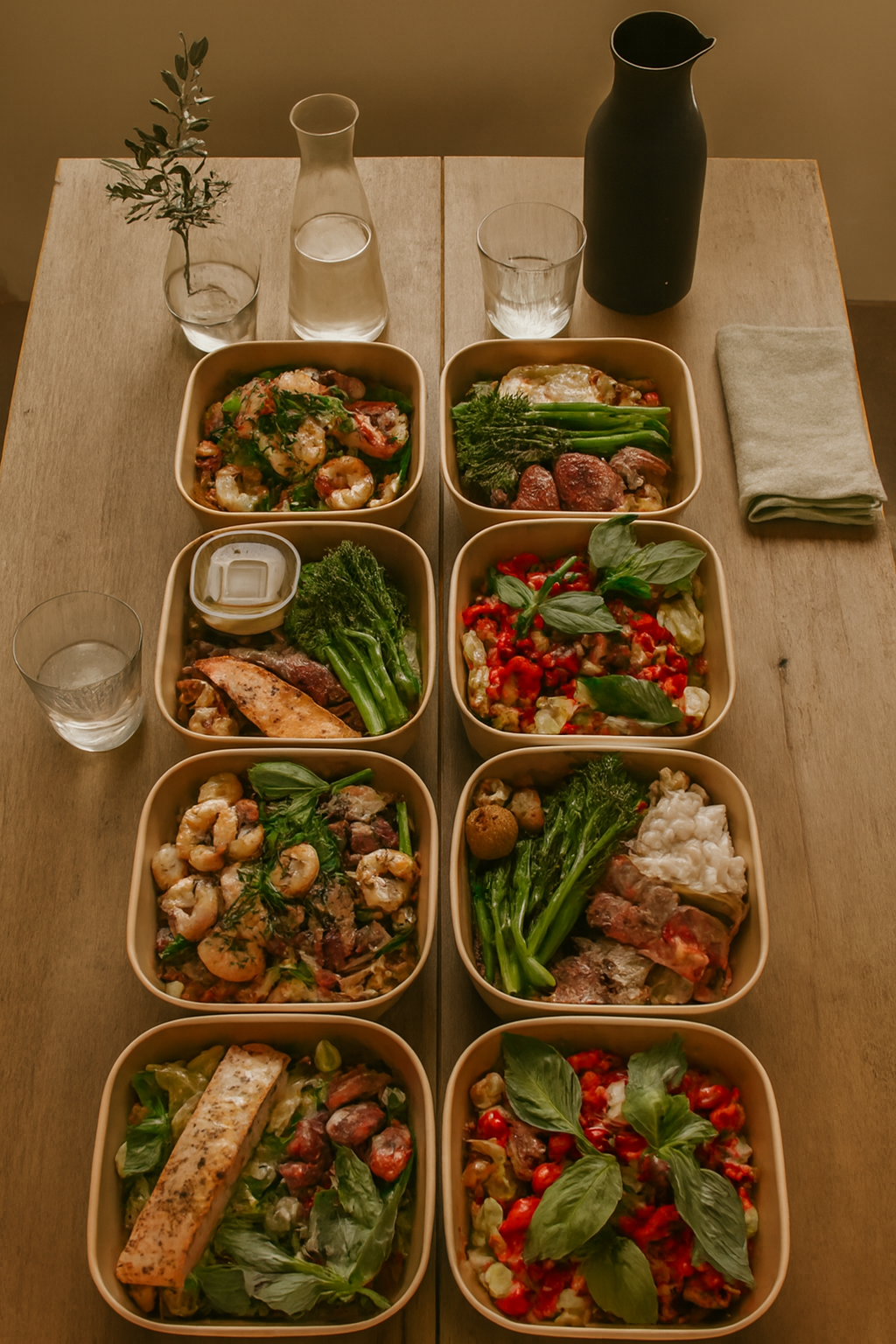 Meal preps, roast cod fillet, buttered mash and tenderstem broccoli, a mezze box of falafel and pickles, plus jumbo couscous with preserved lemon, pomegranate, courgette, falafel and houmous. A JustInc. private chef creation across South England.