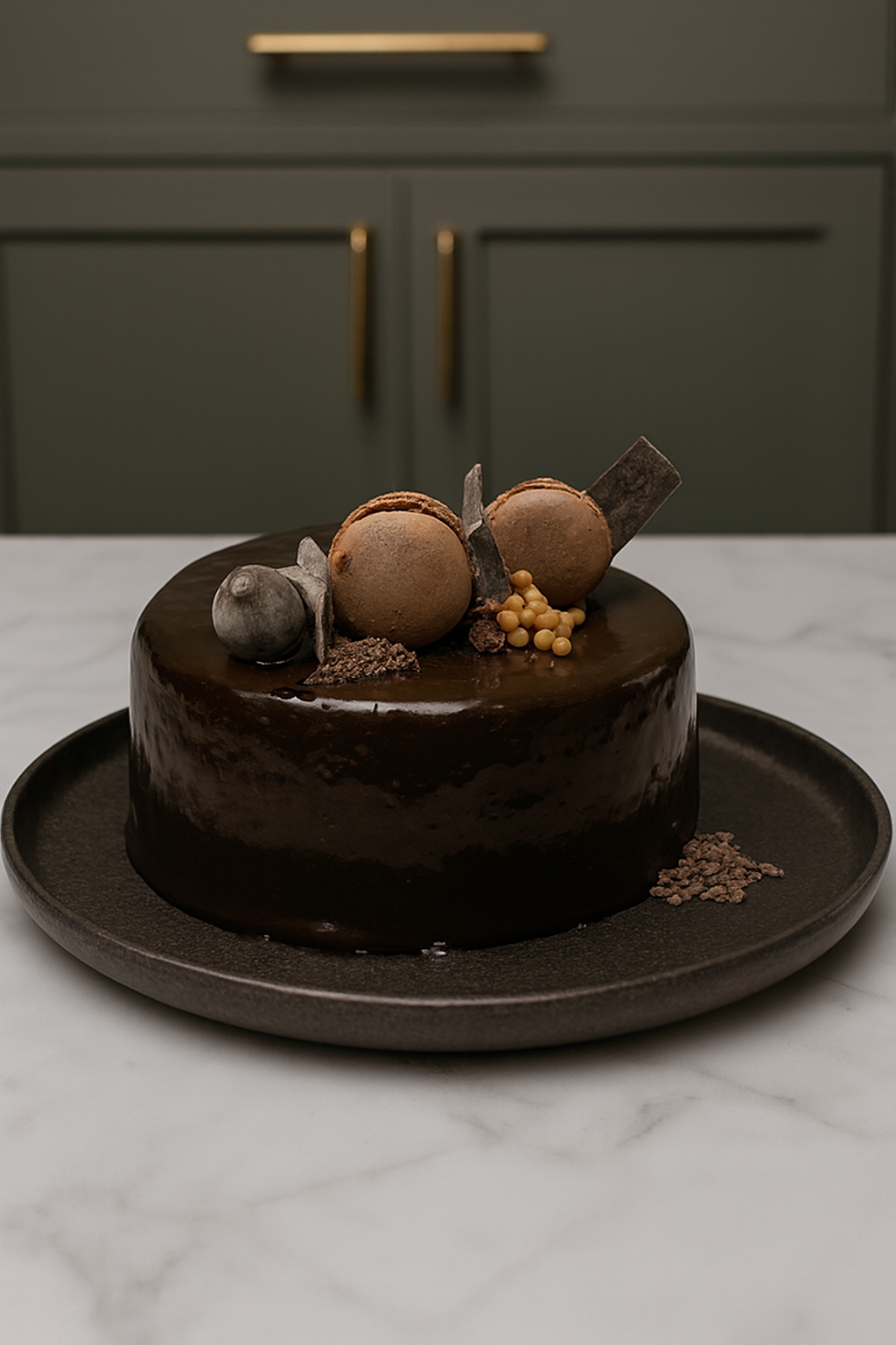Chocolate mirror celebration cake finished with macaron and layered chocolate textures, crafted as a bespoke birthday cake. A refined JustInc. private chef creation, showcasing indulgence and artistry in fine dining desserts.