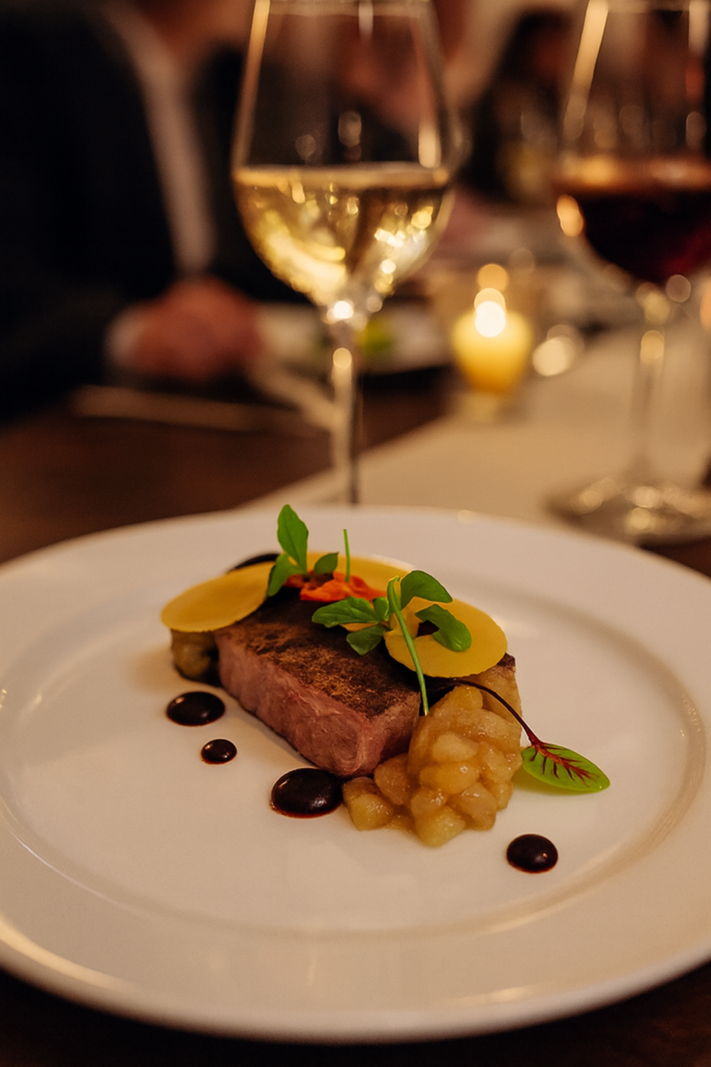 Duo of duck featuring honey glazed breast and confit leg bon-bon, paired with textures of beetroot and apple. One of Justin Knight’s signature JustInc. private chef creations, celebrated for balance and finesse, enjoyed across South England.