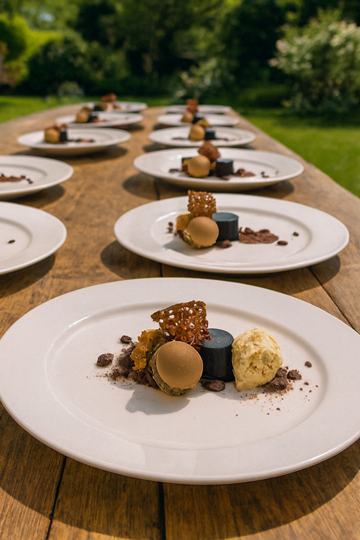 Assiette of chocolate dessert showcasing layered textures and indulgent flavours. A refined JustInc. private chef creation, crafted for bespoke fine dining menus and celebratory occasions, highlighting artistry, balance enjoyed across South England.