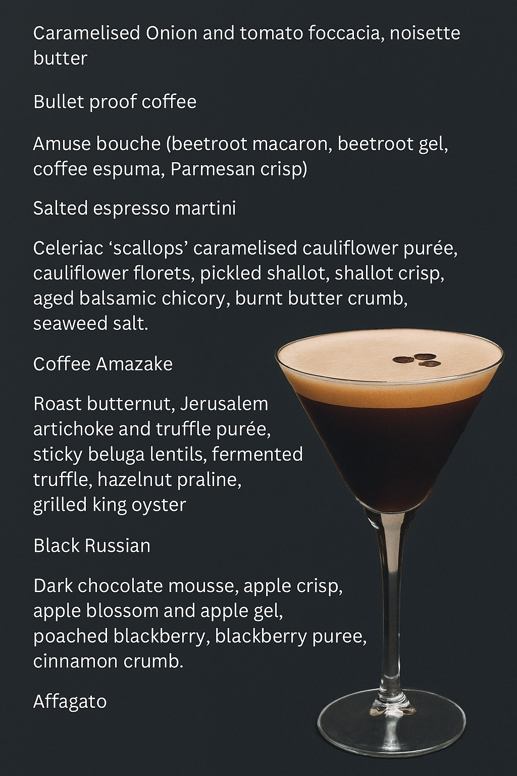 Poster showcasing a coffee‑based menu for an upcoming JustInc. pop‑up event. A creative expression of hospitality and private chef services, crafted to highlight bespoke experiences and regional presence across South England.