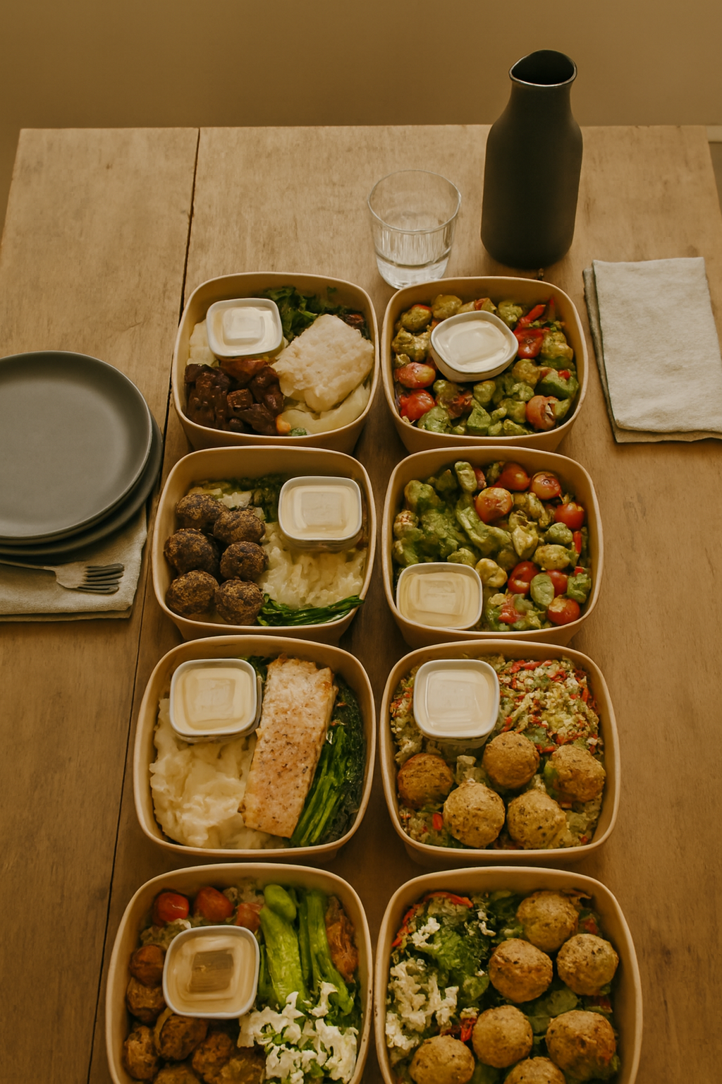 Meal preps, roast cod fillet, buttered mash and tenderstem broccoli, a mezze box of falafel and pickles, plus jumbo couscous with preserved lemon, pomegranate, courgette, falafel and houmous. A JustInc. private chef creation across South England.