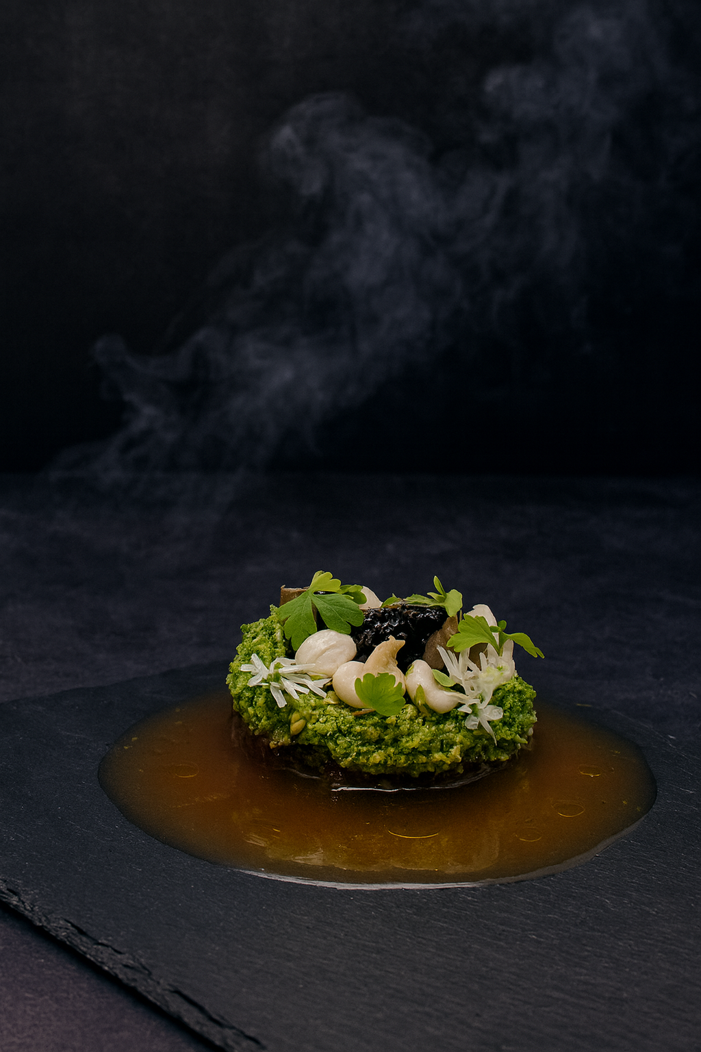 Beef tartare with pickled shimeji mushrooms, herb crumb, truffle, caviar, and warm potato consommé — a refined balance of texture and umami. A signature JustInc. private chef tasting menu creation enjoyed across South England.