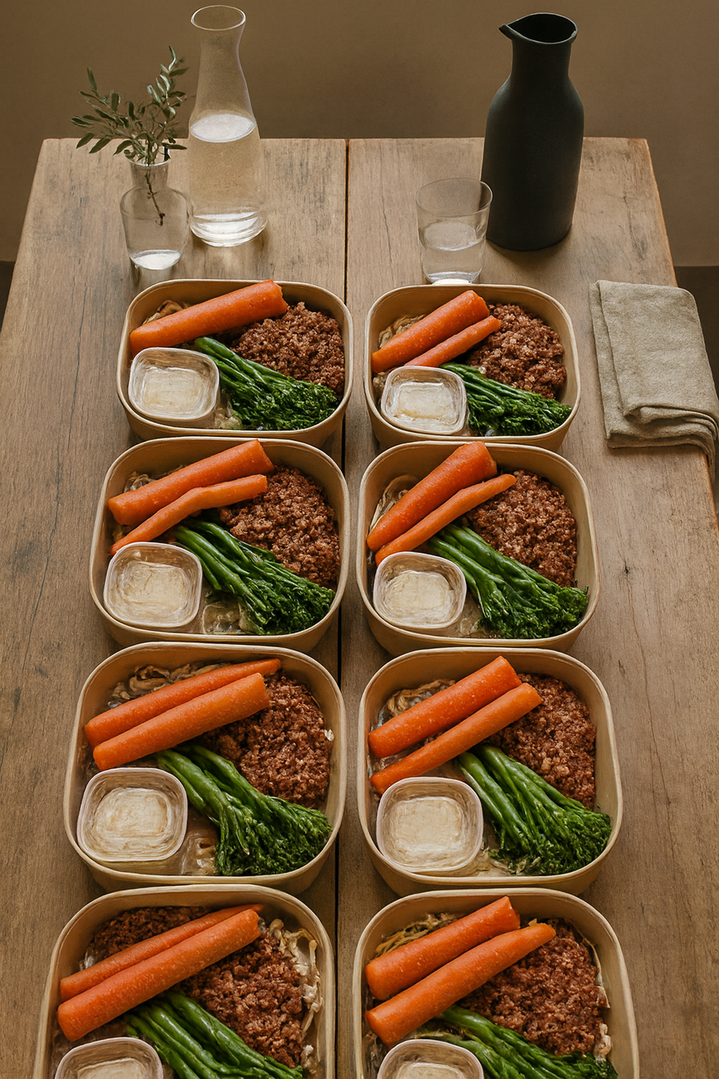 Meal prep featuring classic spaghetti bolognese, tender sweet carrots, and tender stem broccoli. A balanced and comforting JustInc. private chef creation, crafted for bespoke dining and tailored menus enjoyed across South England.