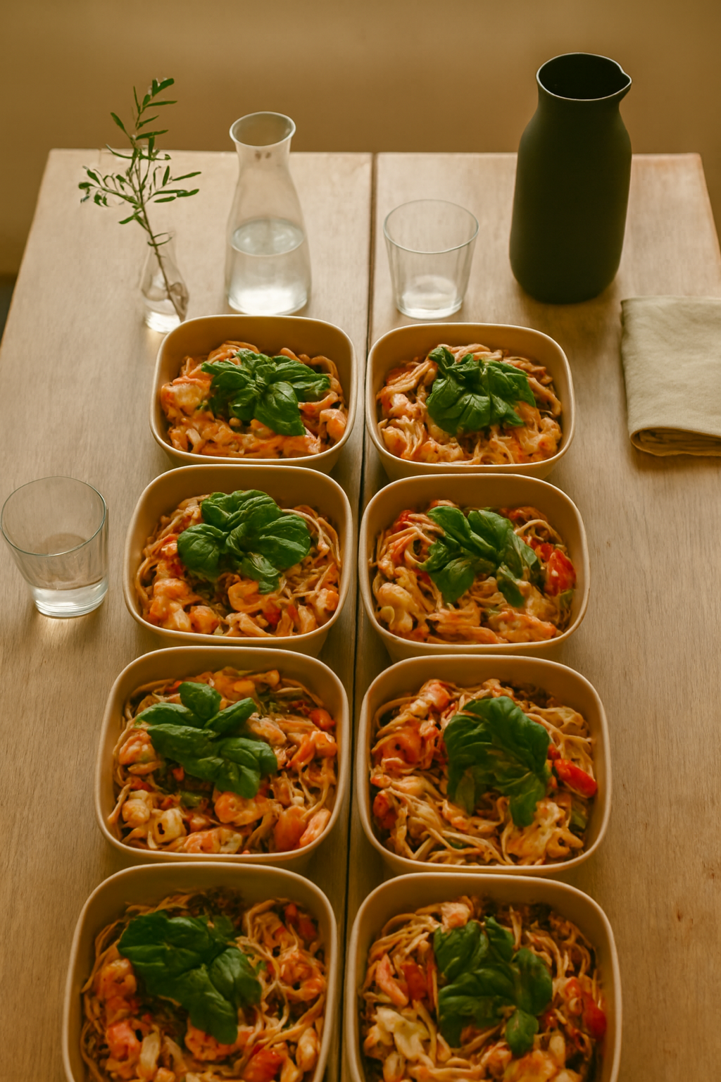 Meal prep featuring Sicilian prawn spaghetti with fresh basil, olives, and capers. A Mediterranean-inspired JustInc. private chef creation, crafted for bespoke dining and tailored menus enjoyed across South England.