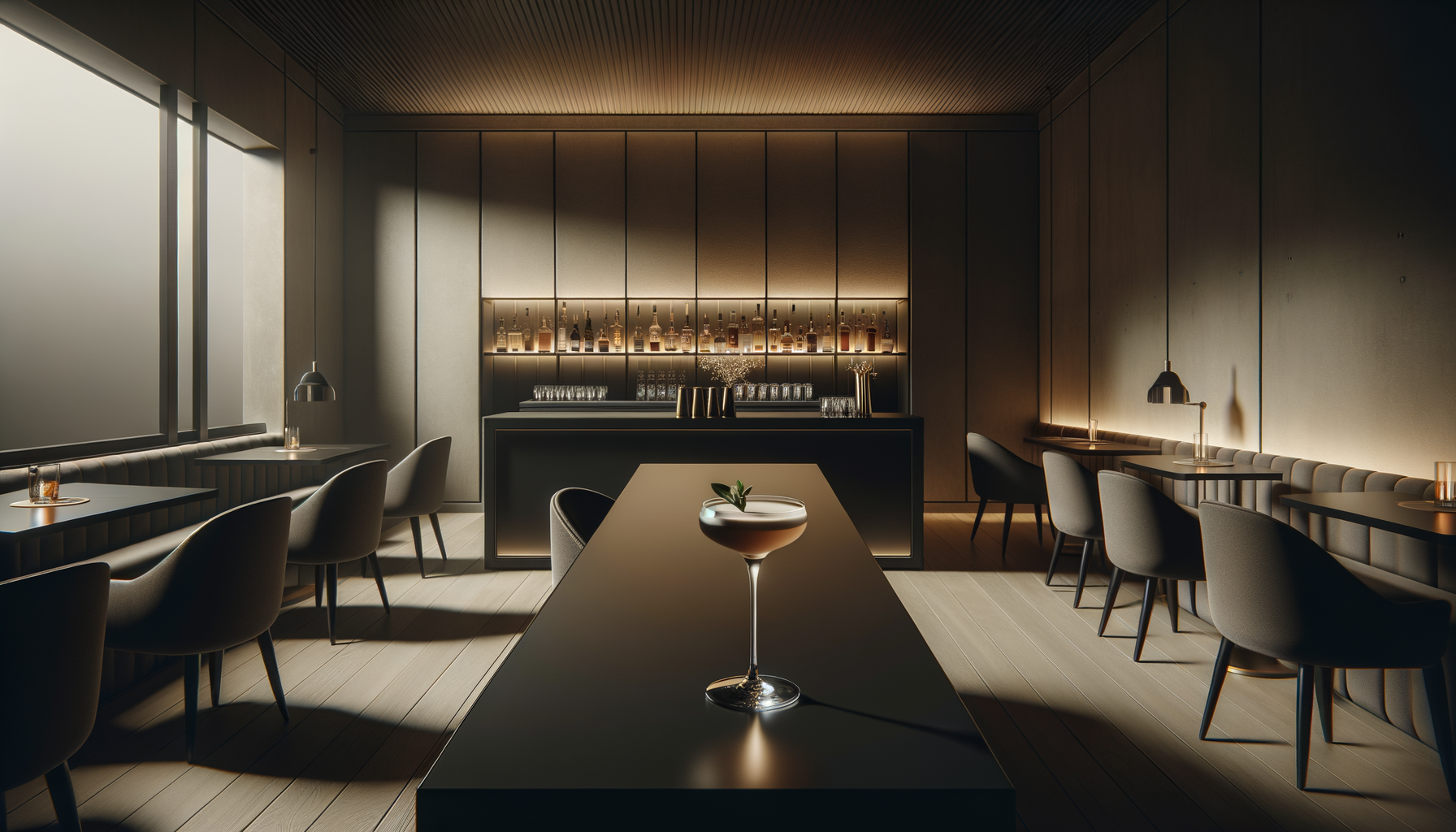 Modern bar with a dark central counter, a variety of liquor bottles on backlit shelves, and seating with gray chairs and tables, dimly lit with warm ambient lighting.