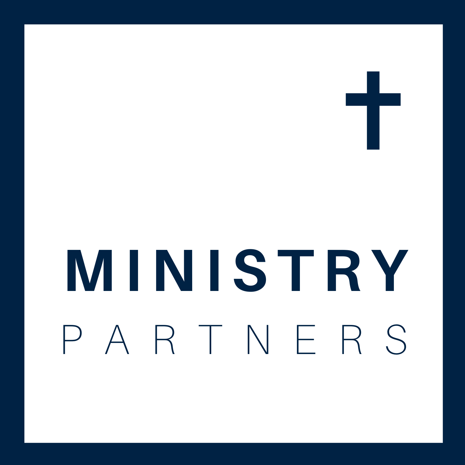 Logo of Ministry Partners with a dark blue cross and text in blue and gray: 'MINISTRY PARTNERS' on a white background, framed by a dark blue border.