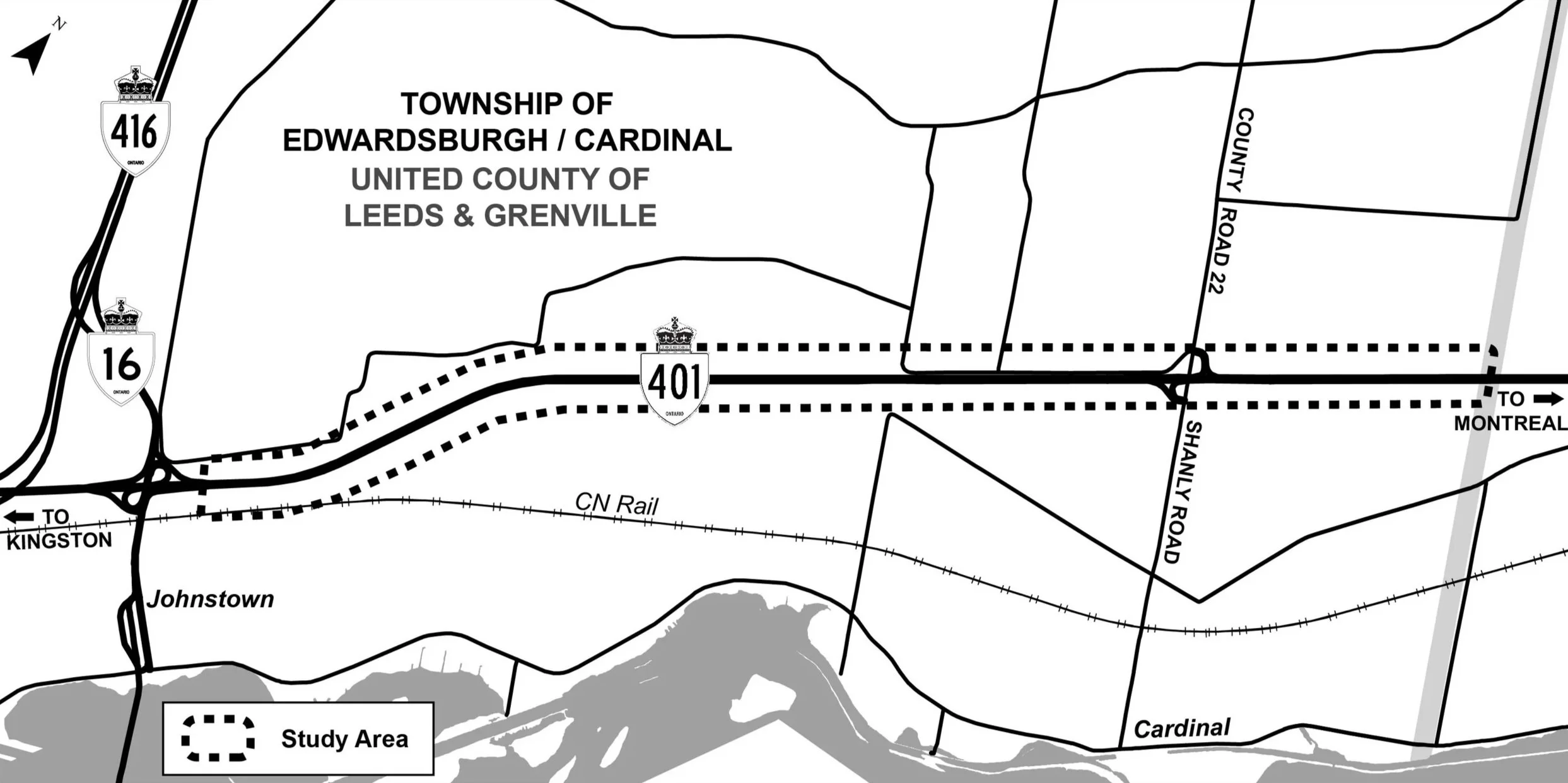 Map showing the study area for the Highway 401 improvements described in the Project Overview.