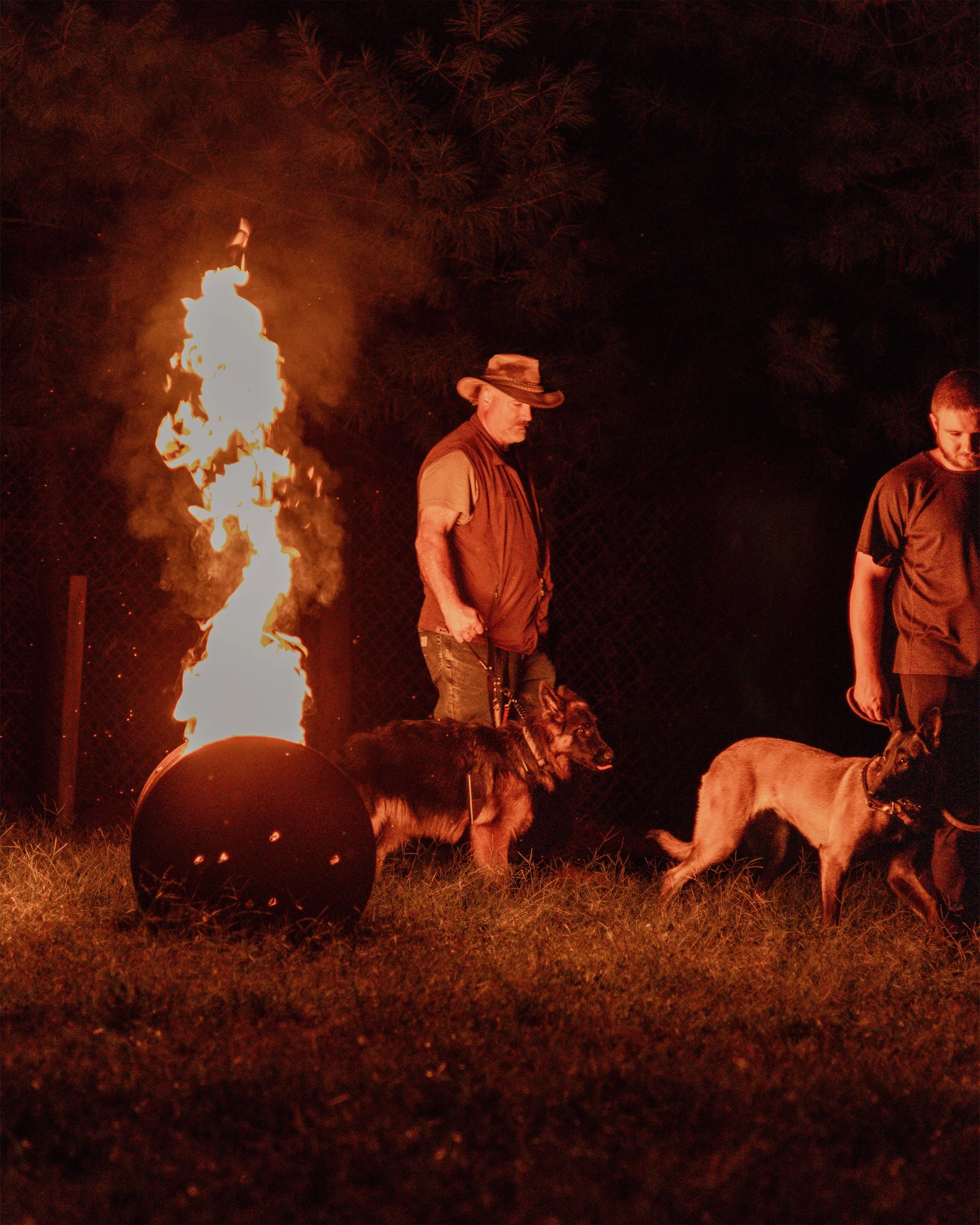 Two men with two dogs near a flaming barrel at night, outdoors, with trees in the background.