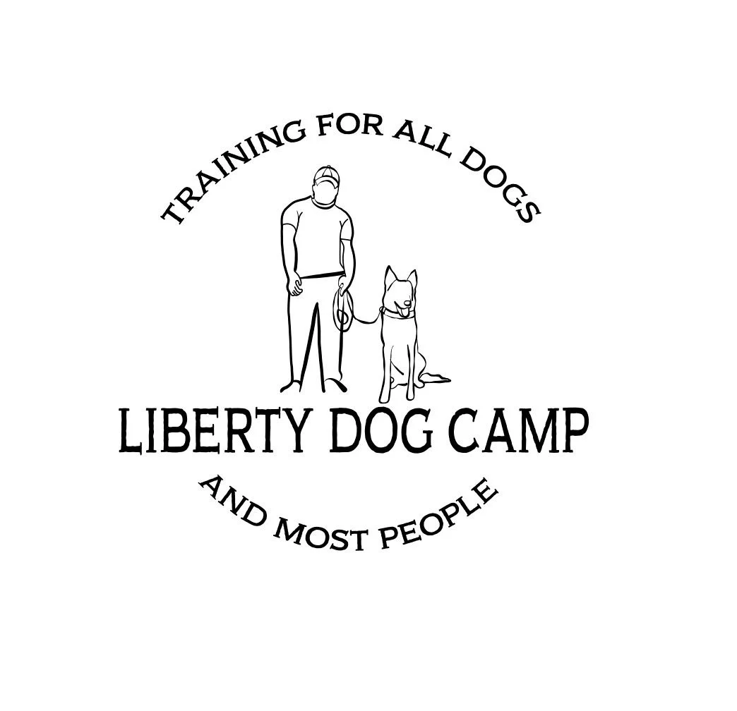 Outline drawing of a person with a cap walking a dog on a leash, surrounded by text that reads 'Training for all dogs, Liberty Dog Camp, and Most People'.