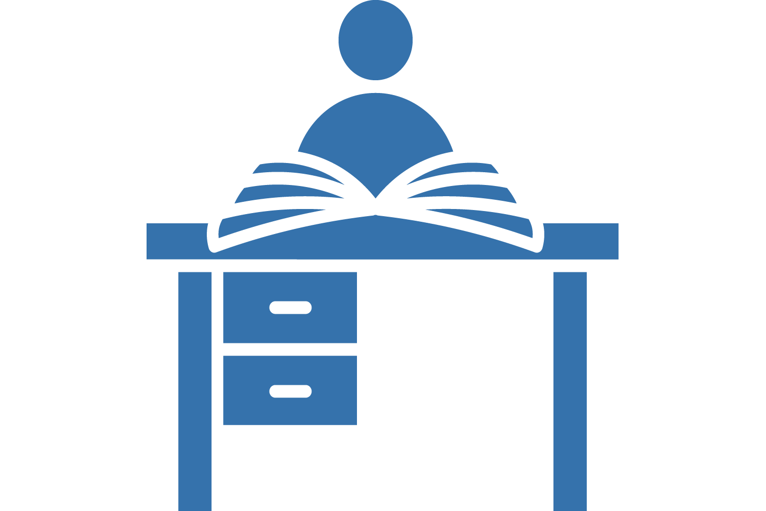Icon of a person studying at a desk with an open book.