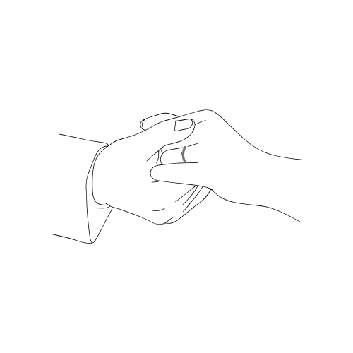Line drawing of two hands shaking, one in a suit sleeve and one without.