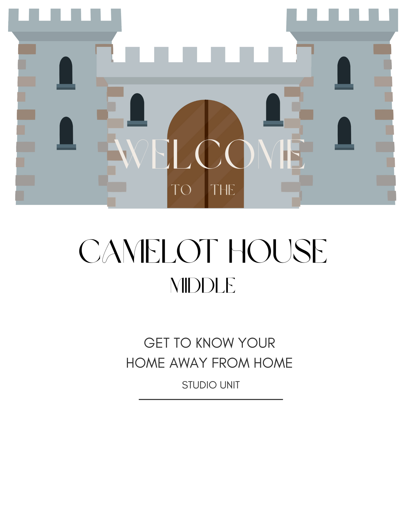 Illustration of a castle with a wooden door and the words "Welcome to the Camelot House Middle" and "Get to know your home away from home, studio unit" written beneath it.