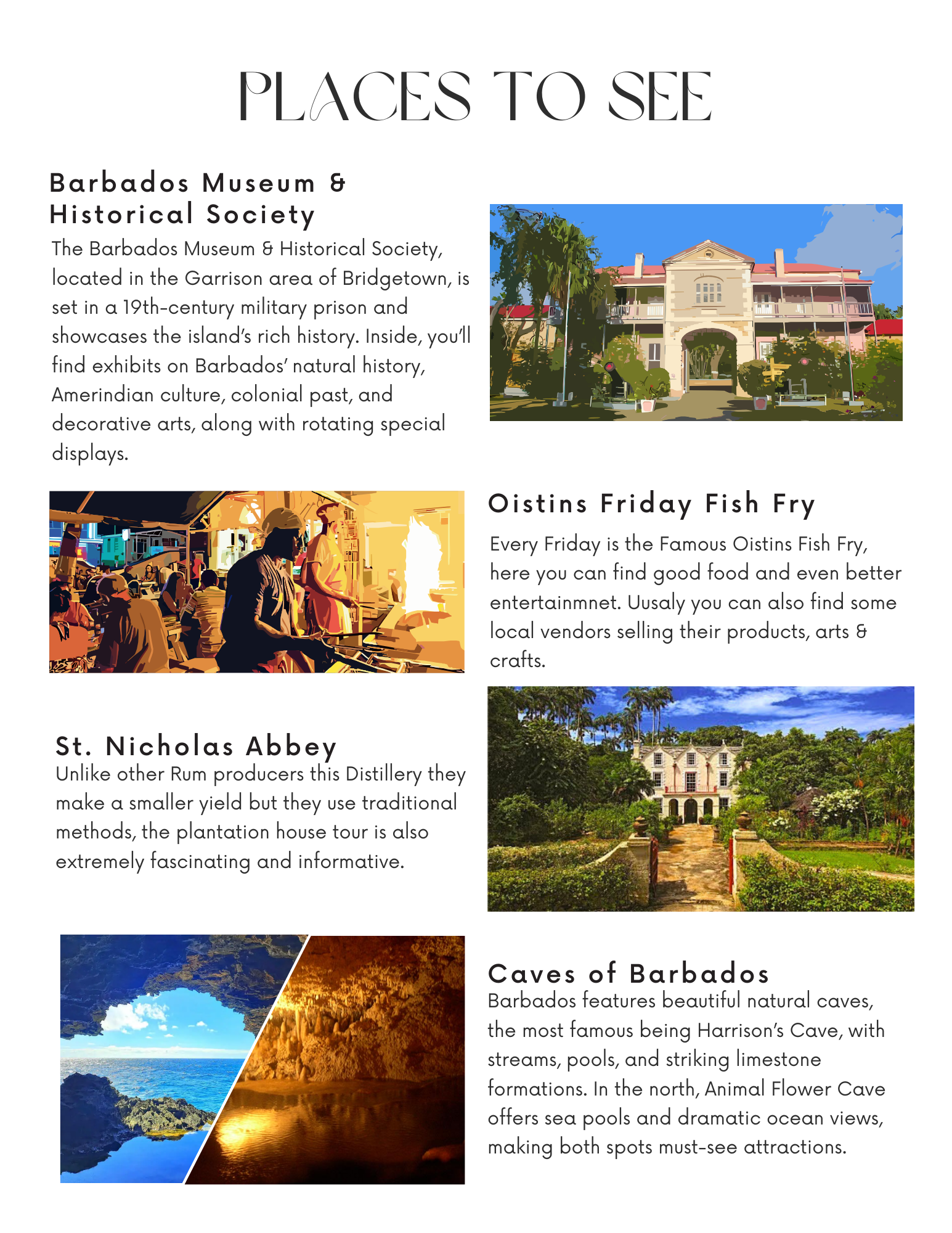 A travel guide page listing places to see in Barbados, including the Barbados Museum & Historical Society, Ostins Friday Fish Fry, St. Nicholas Abbey, and Caves of Barbados. The page features images of the museum building, a street scene with food vendors, a plantation house, and limestone caves.