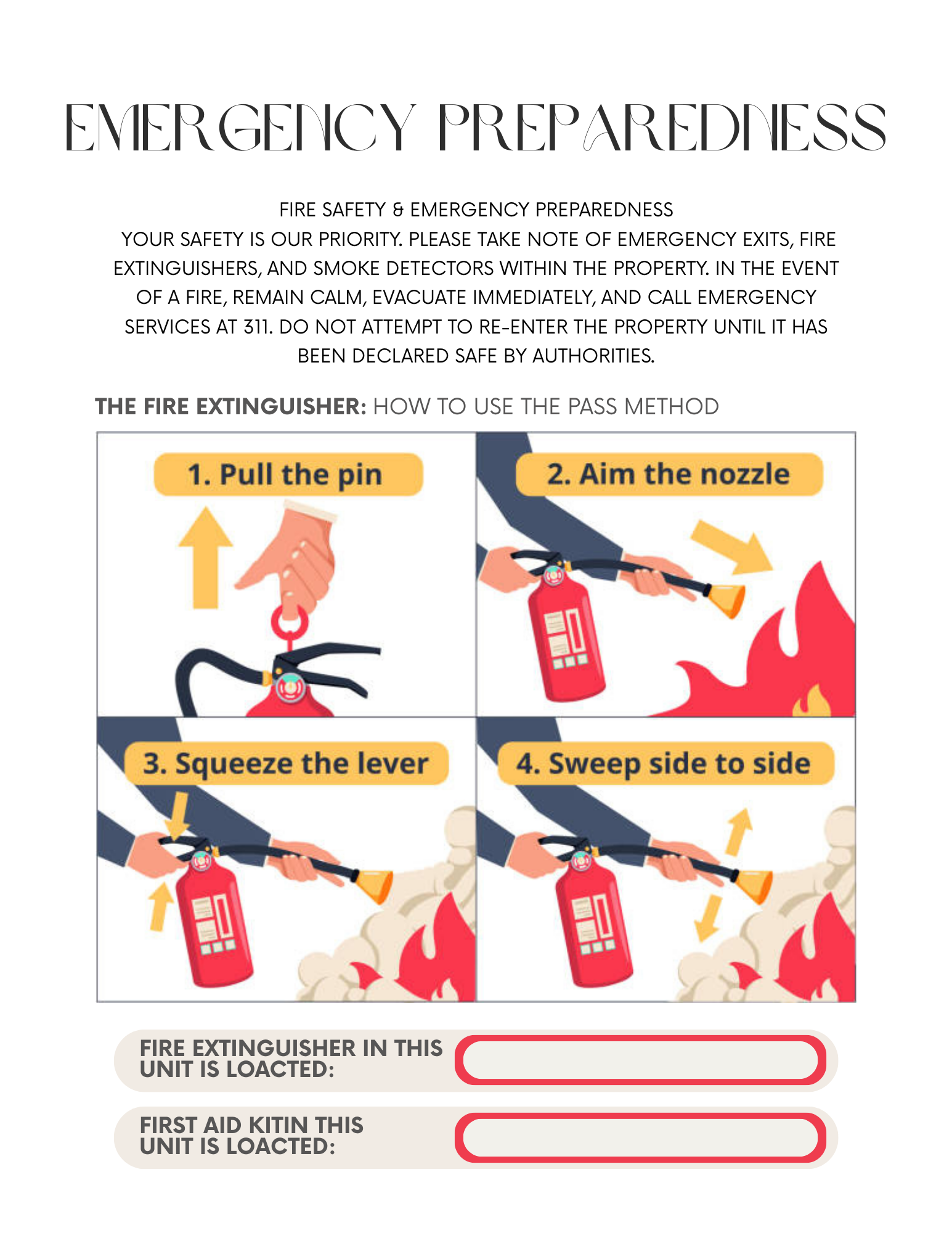 A fire safety poster with instructions on how to use a fire extinguisher, including steps: pull the pin, aim the nozzle, squeeze the lever, and sweep side to side. It also has blank spaces for locating the fire extinguisher and first aid kit.