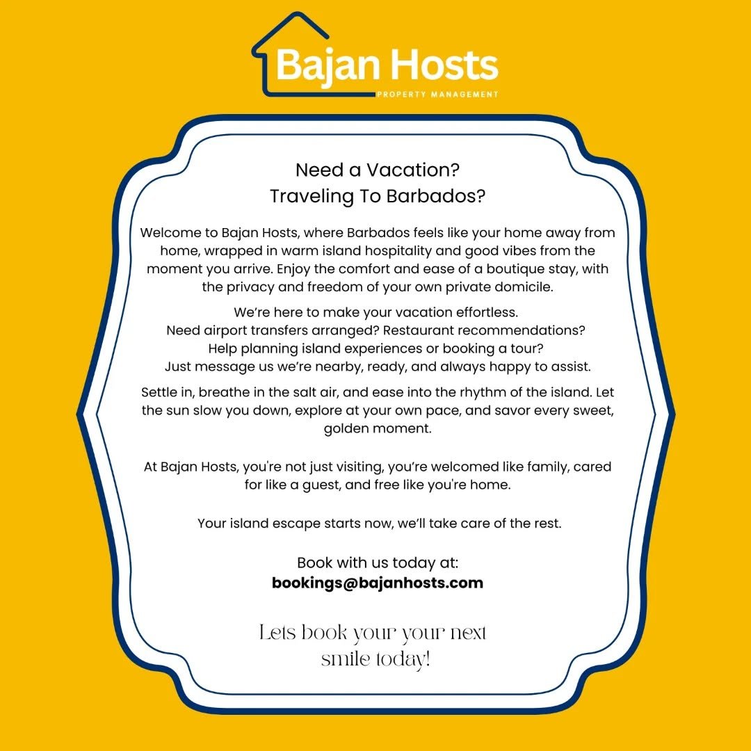 Planning a trip to Barbados? Let Bajan Hosts take care of your stay. We offer comfortable vacation rentals, local guidance, and concierge assistance so you can relax and enjoy the island from the moment you arrive. #bajanhosts #Barbados #visitbarbado