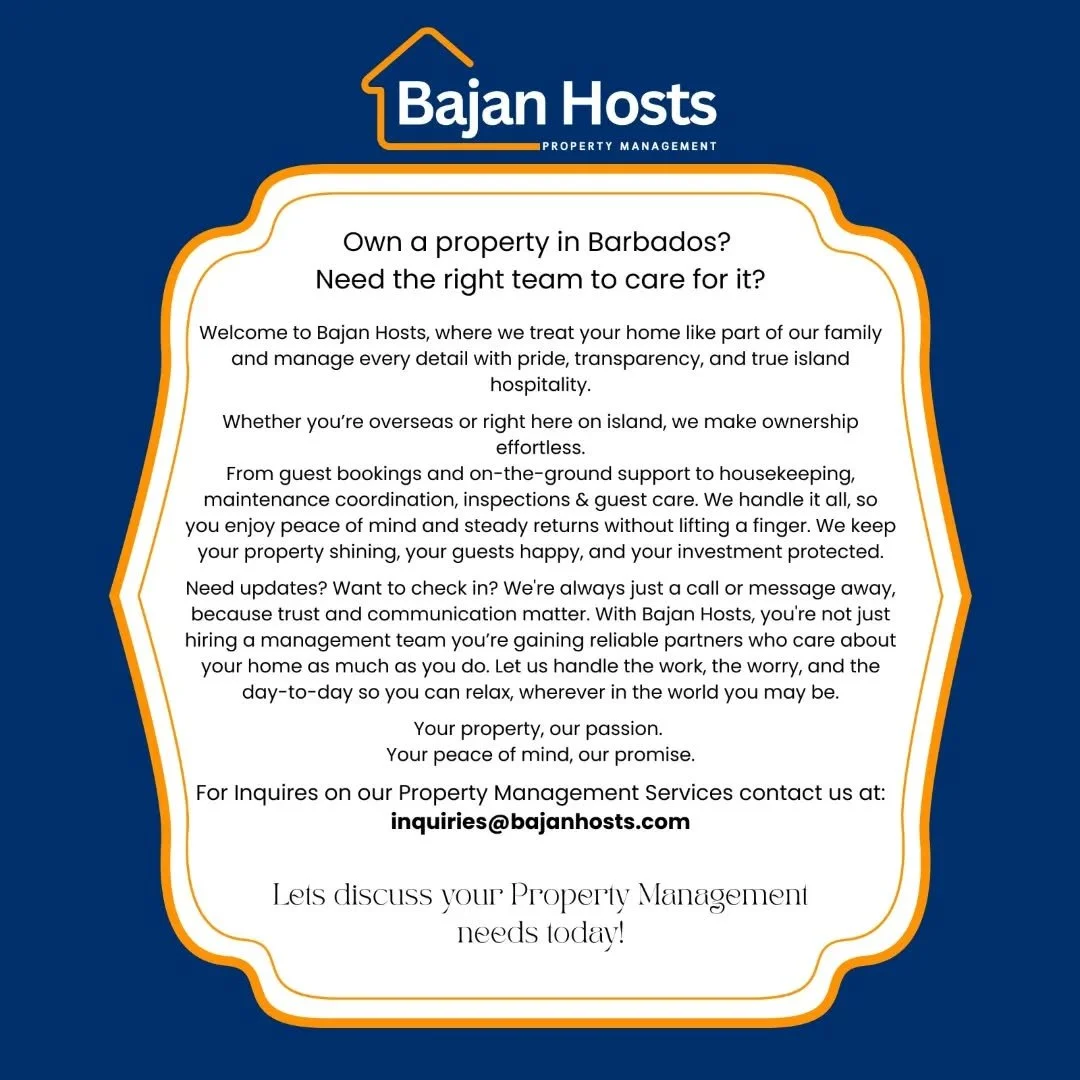Thinking about renting your property but don&rsquo;t want the stress of managing it? Bajan Hosts Property Management handles everything from bookings and guest communication to maintenance and cleaning, so you can enjoy the income without the hassle.