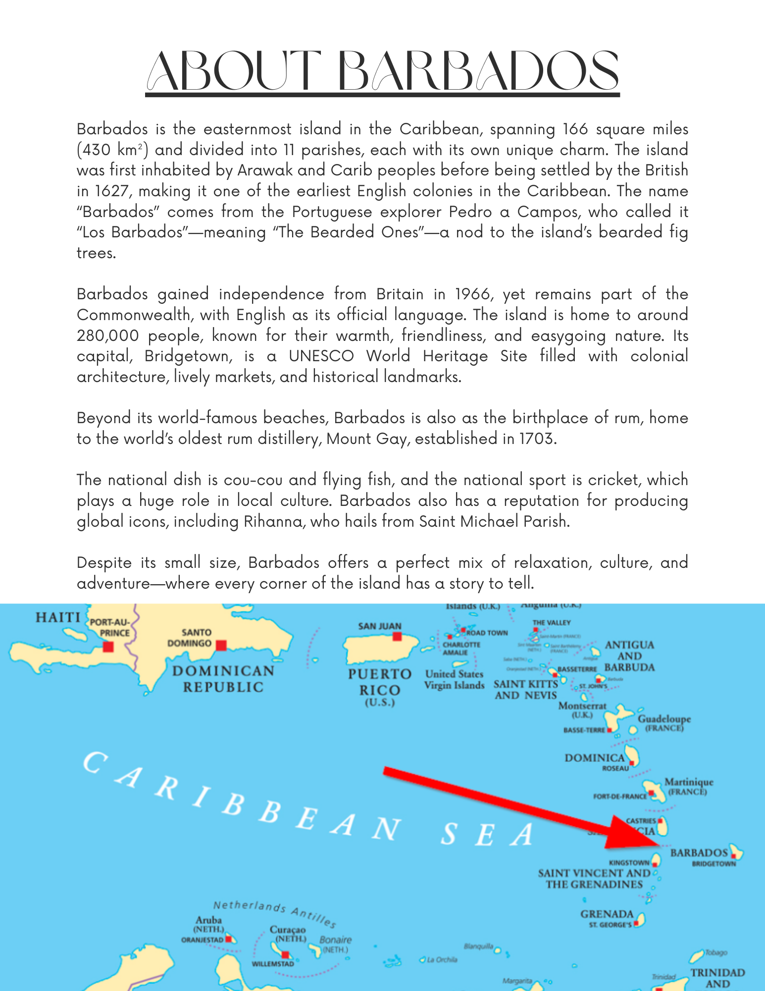 Map of the Caribbean showing Barbados with a red arrow pointing at its location, surrounded by other Caribbean islands.