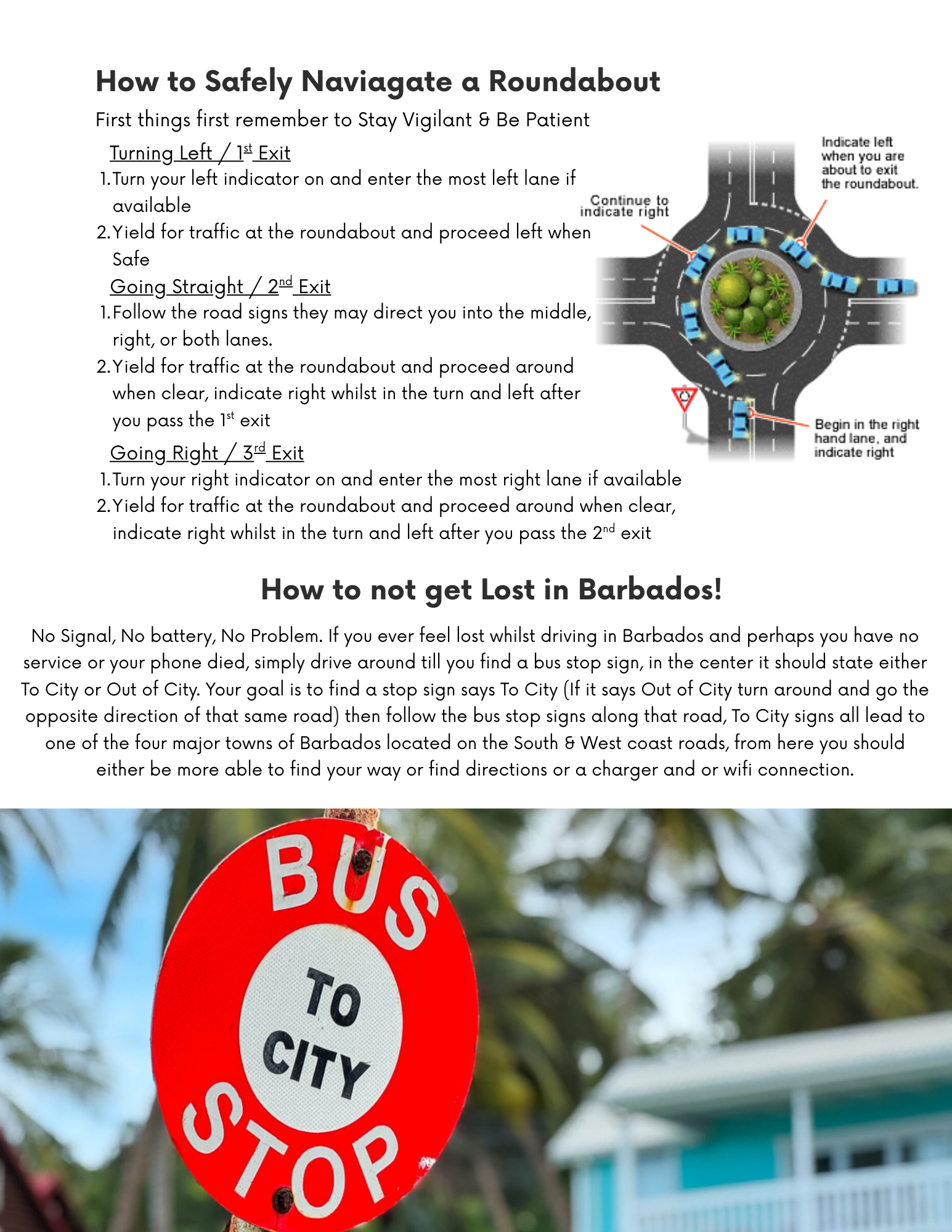 A guide on how to navigate roundabouts safely, including instructions for turning left, going straight, and turning right, with a diagram of aroundabout and a red bus stop sign in the foreground with a tropical background.