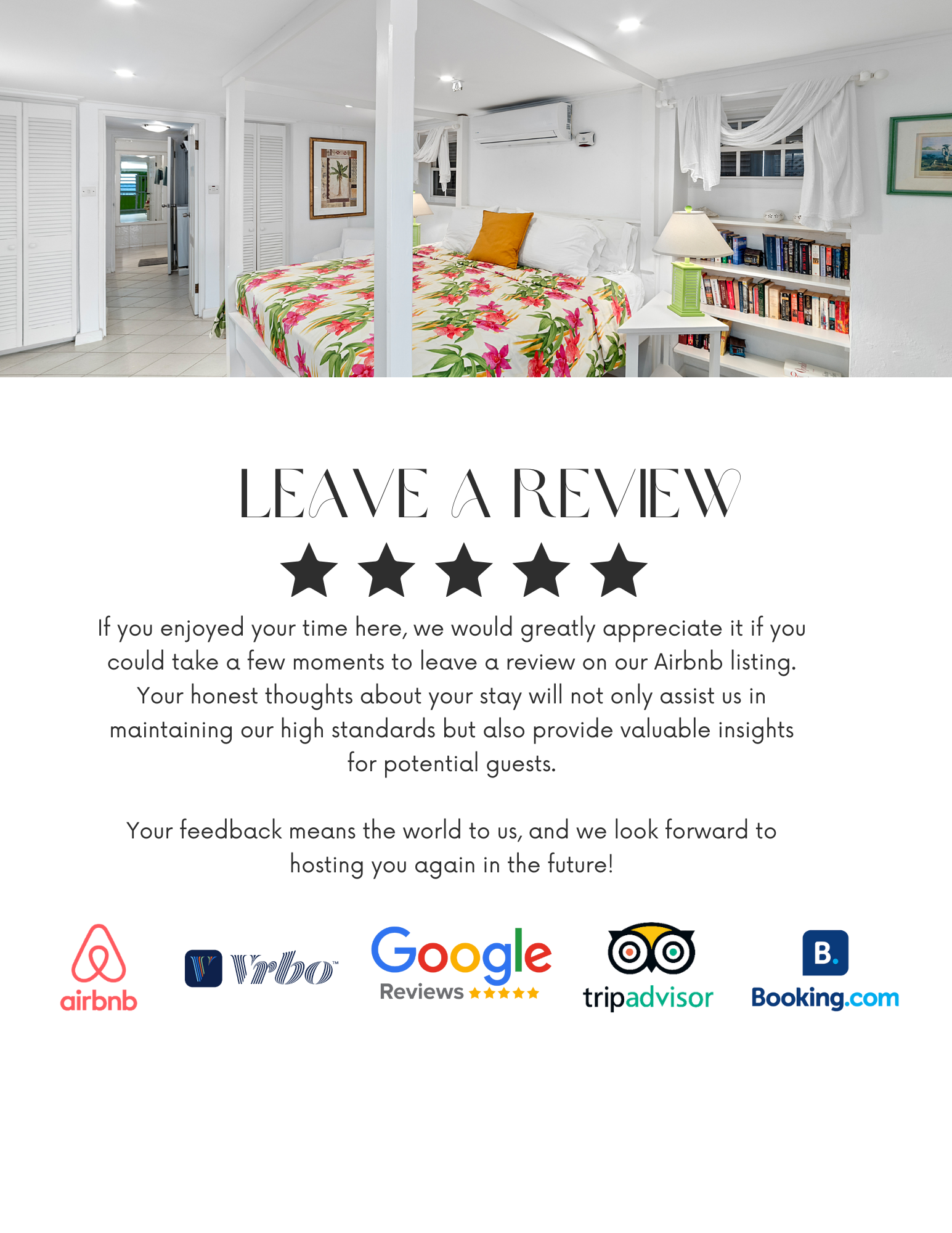 Bright hotel room with white walls, a bed with floral bedding, a nightstand with a lamp, and bookshelves, in a tropical or coastal style setting.