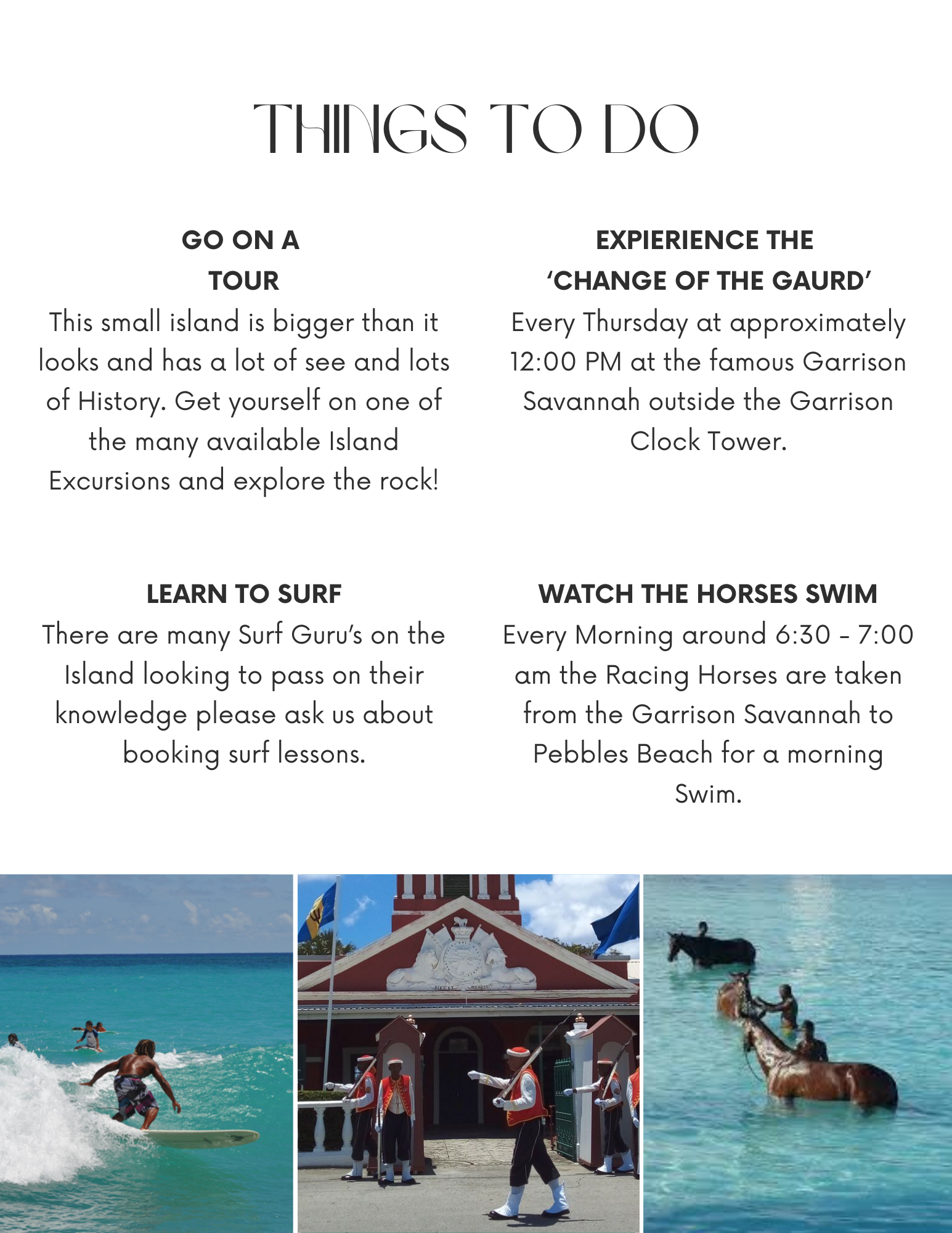 A flyer titled 'Things to Do' listing activities such as island tours, garrison gurd change, surfing lessons, and horse swimming, with three photos of surfing, a garrison guard, and horses in water.