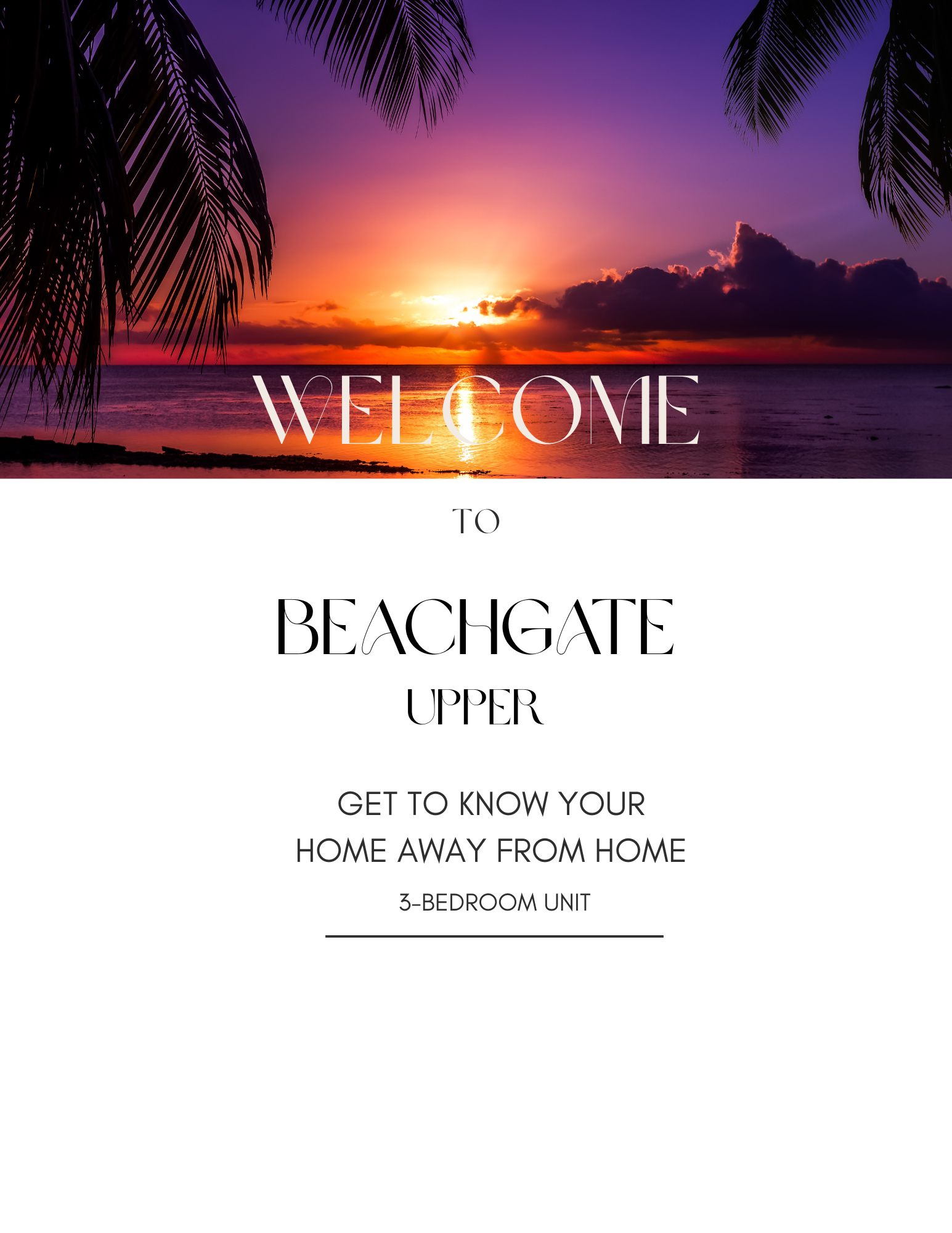 Sunset over the beach with palm tree silhouettes, colorful sky with purple, orange, and yellow hues, and text welcoming visitors to a beachside residence.