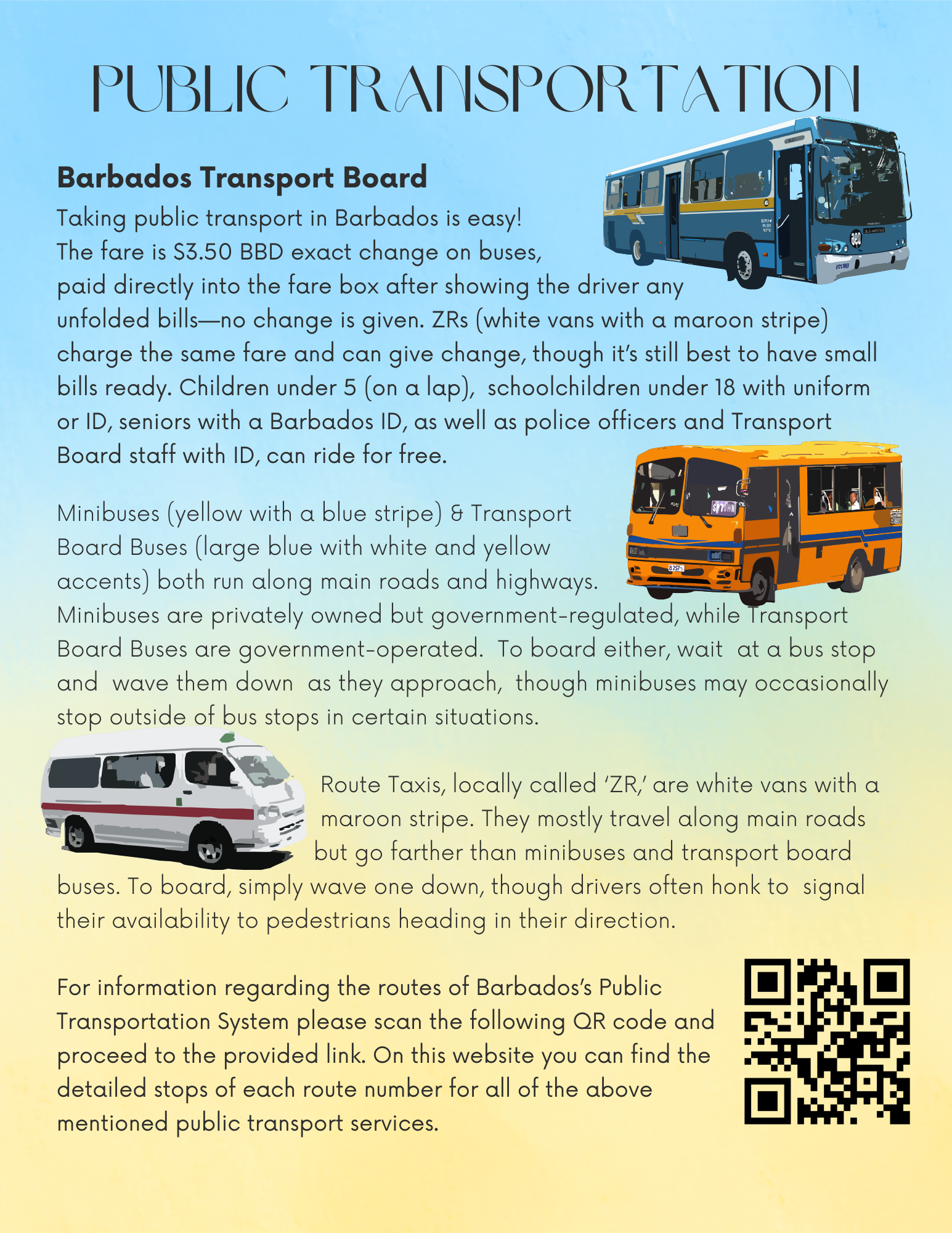 Public transportation informational poster highlighting Barbados' bus and taxi services with images of a blue bus, an orange bus, and a white van, along with a QR code for routes.
