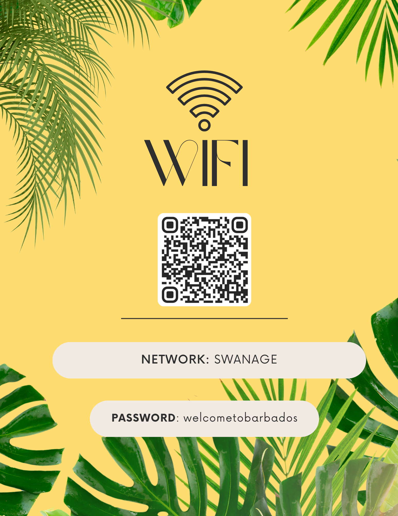 Wi-Fi network sign with a QR code, network name and password on a yellow background with green tropical leaves around the border.