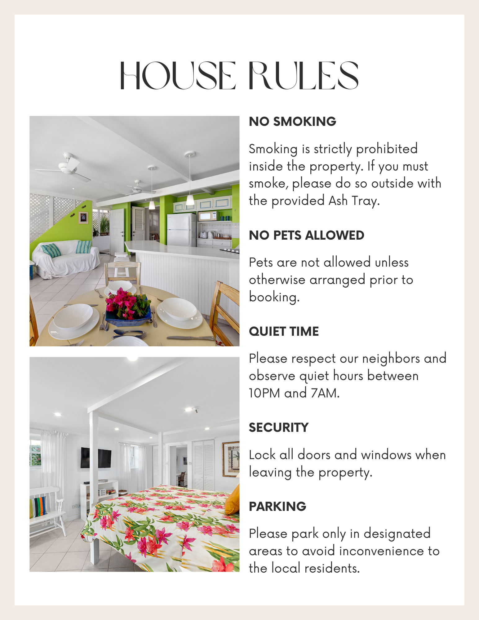 House rules sign with images of a kitchen and bedroom. Rules include no smoking, no pets, quiet time, security, and parking instructions.