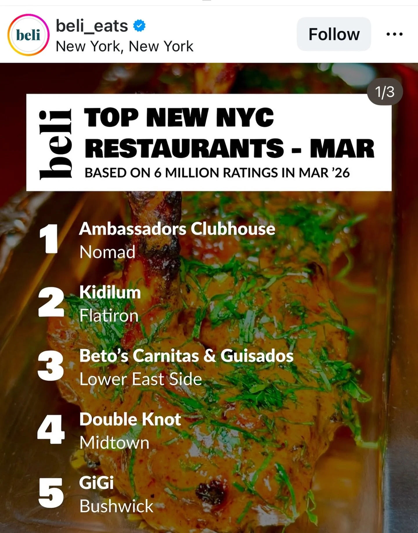 Crazy moment. Truly grateful 🎉🙏 Thank you for all the love and support &mdash; honored to be recognized as one of NYC&rsquo;s top new spots this month @beli_eats ✨  Just 2 months since opening and it still feels unreal 🤍 We&rsquo;re pushing oursel
