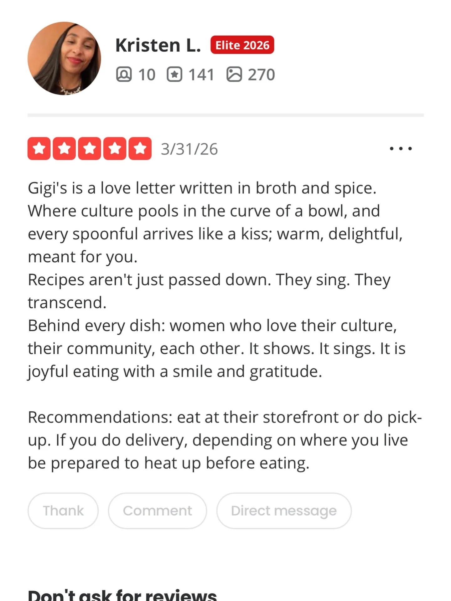 Wow Kristen ❣️ This is straight poetry 🥹
You just described GiGi better than we ever could.
This is exactly why we do what we do &mdash; bold flavors, real culture, and food that feels like a hug.
We&rsquo;re so happy you felt the love in every bowl